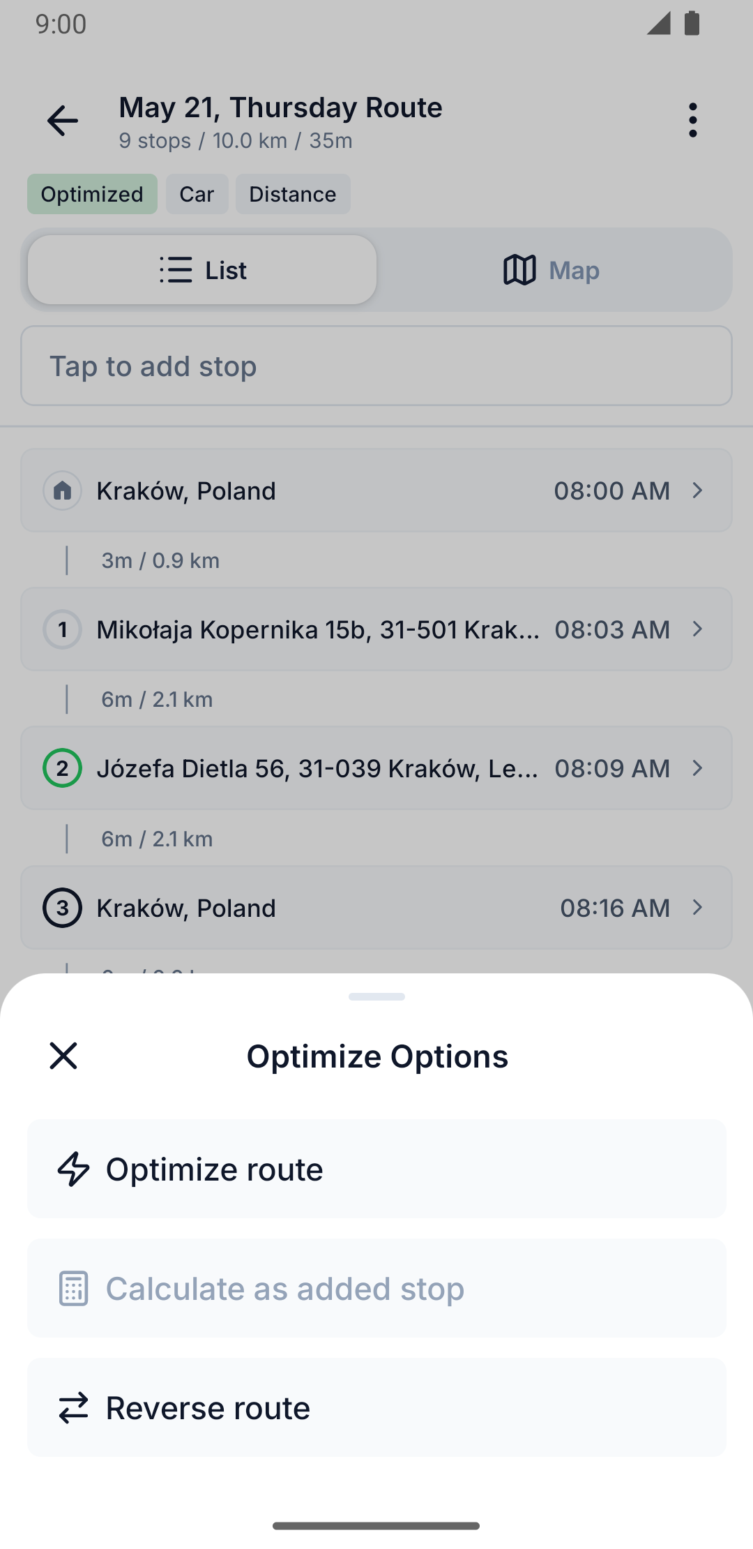 Optimize Options sheet listing the optimize alternatives
