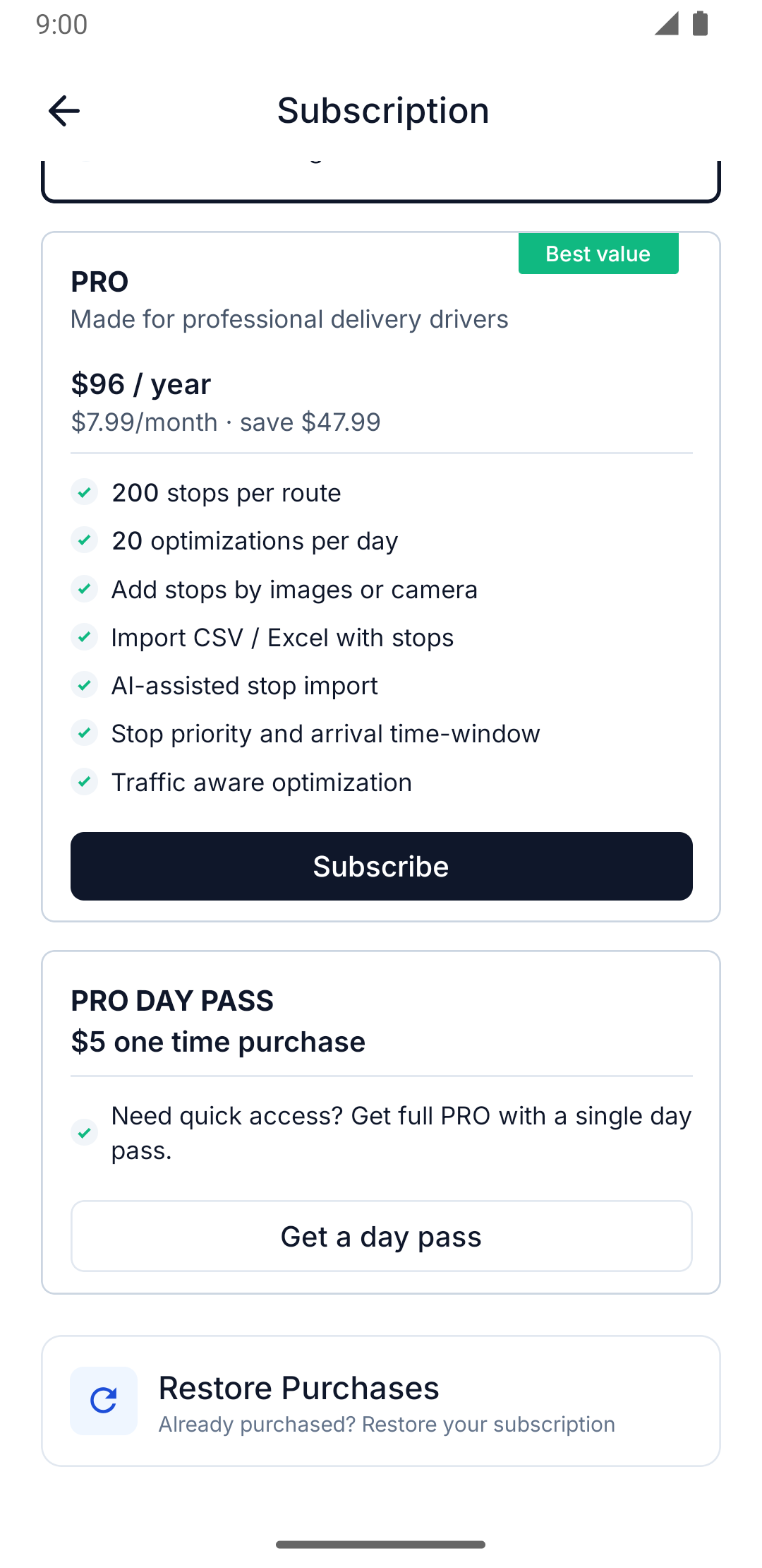 Restore Purchases row on the Subscription screen