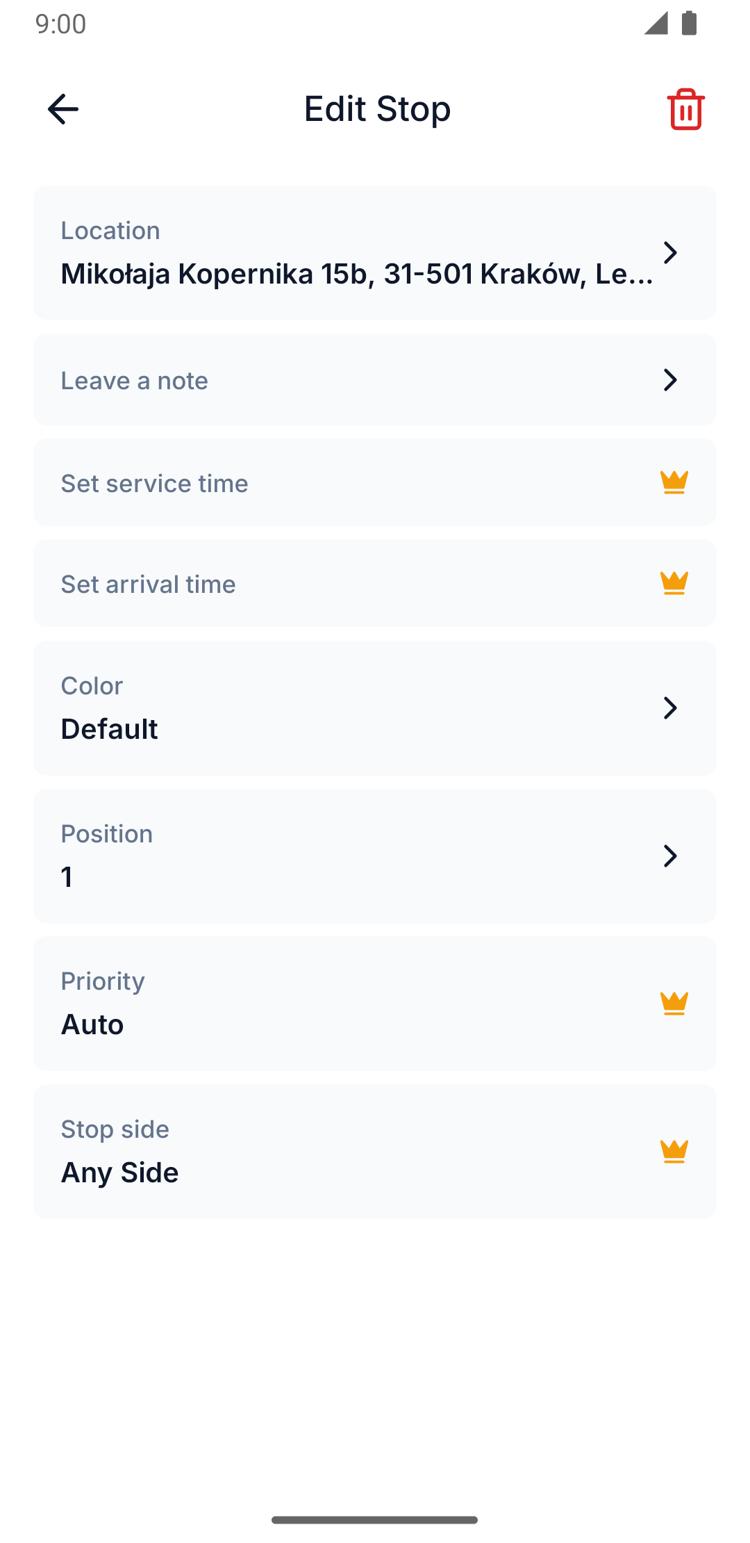 Edit Stop screen with all stop settings listed as rows