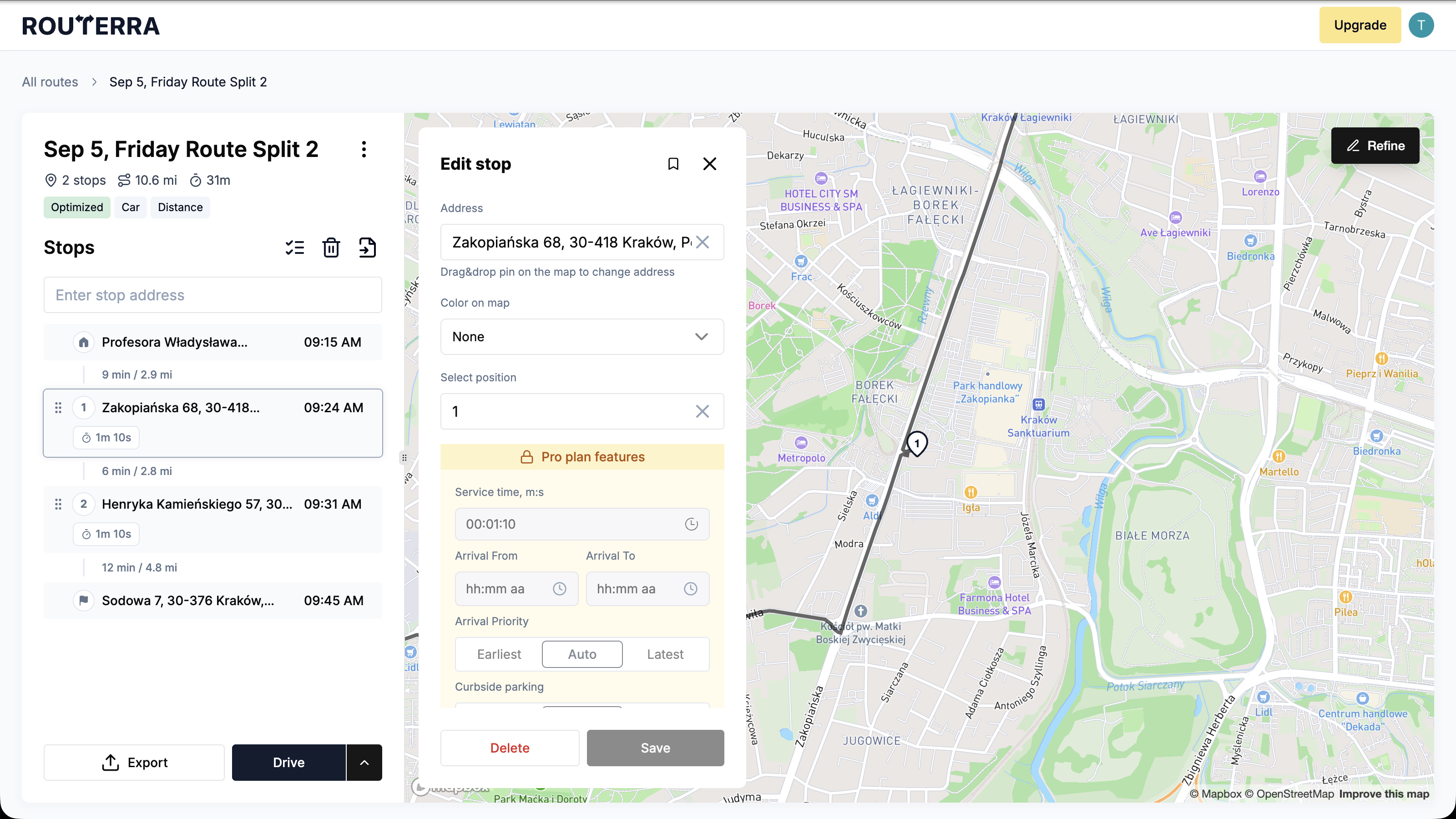 Web stop popover showing the Pro plan features lock banner over the gated fields