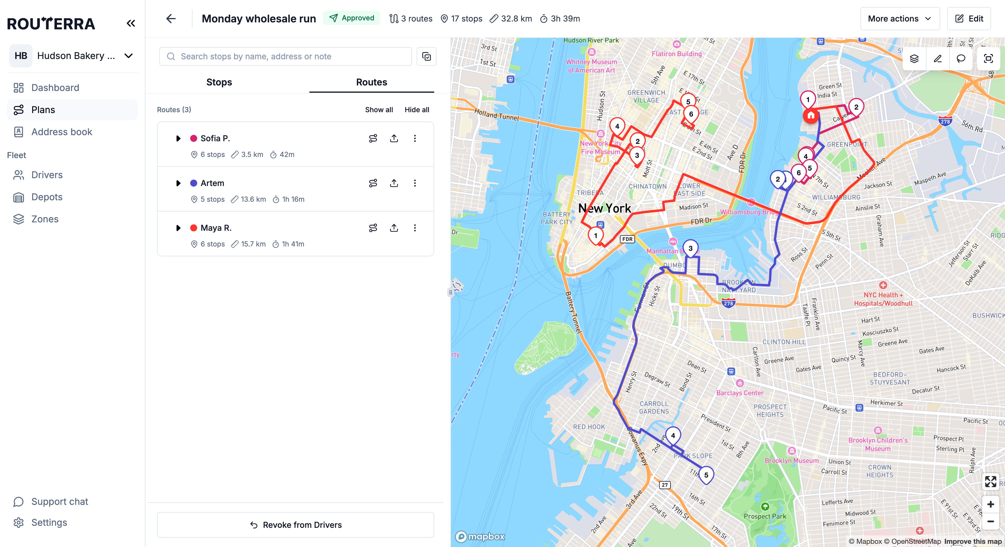 An approved plan's Routes tab with one row per driver and the Revoke from Drivers button