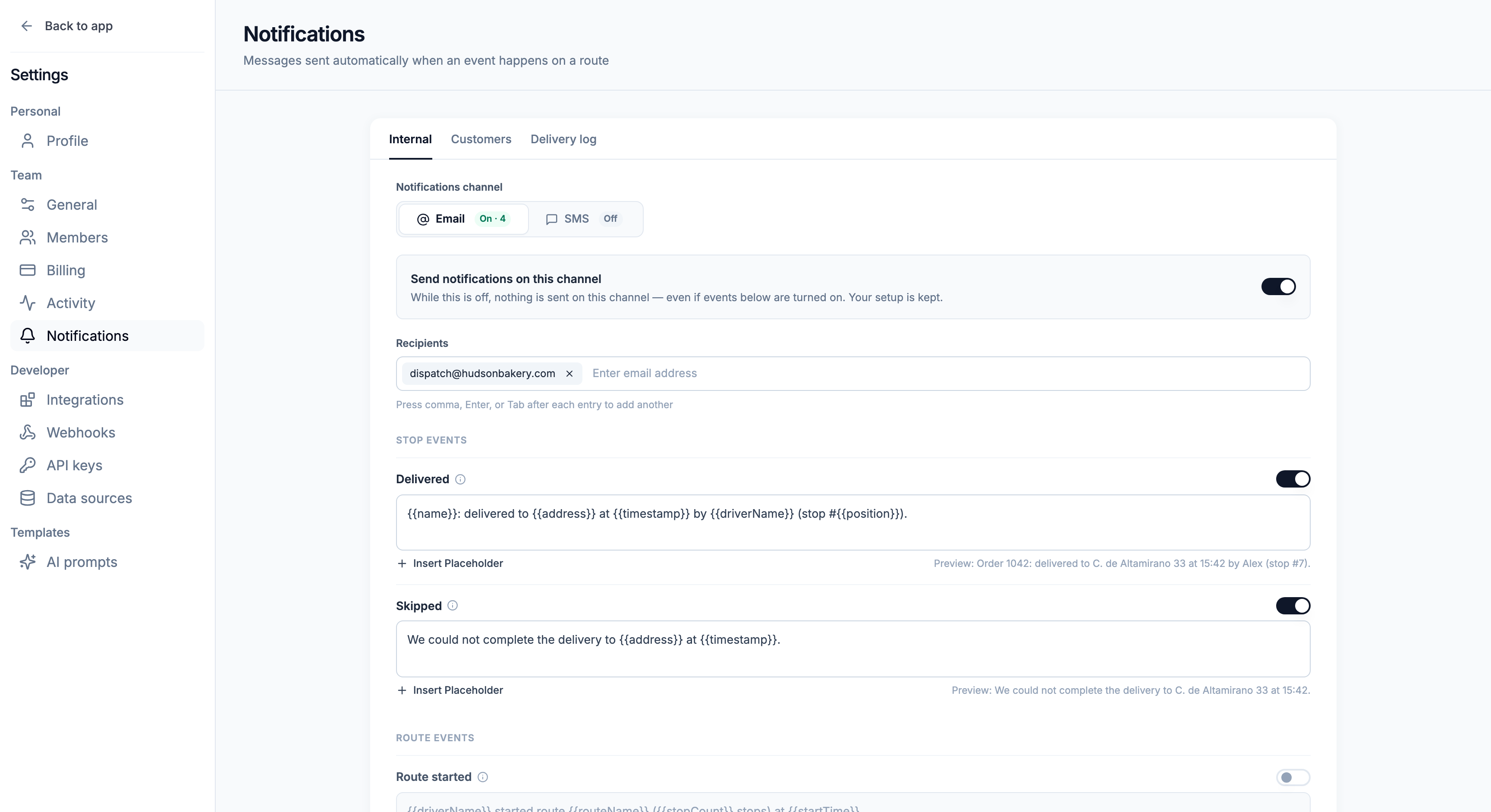 The Internal notifications tab for email: channel switch, recipients, and the Delivered and Skipped stop events