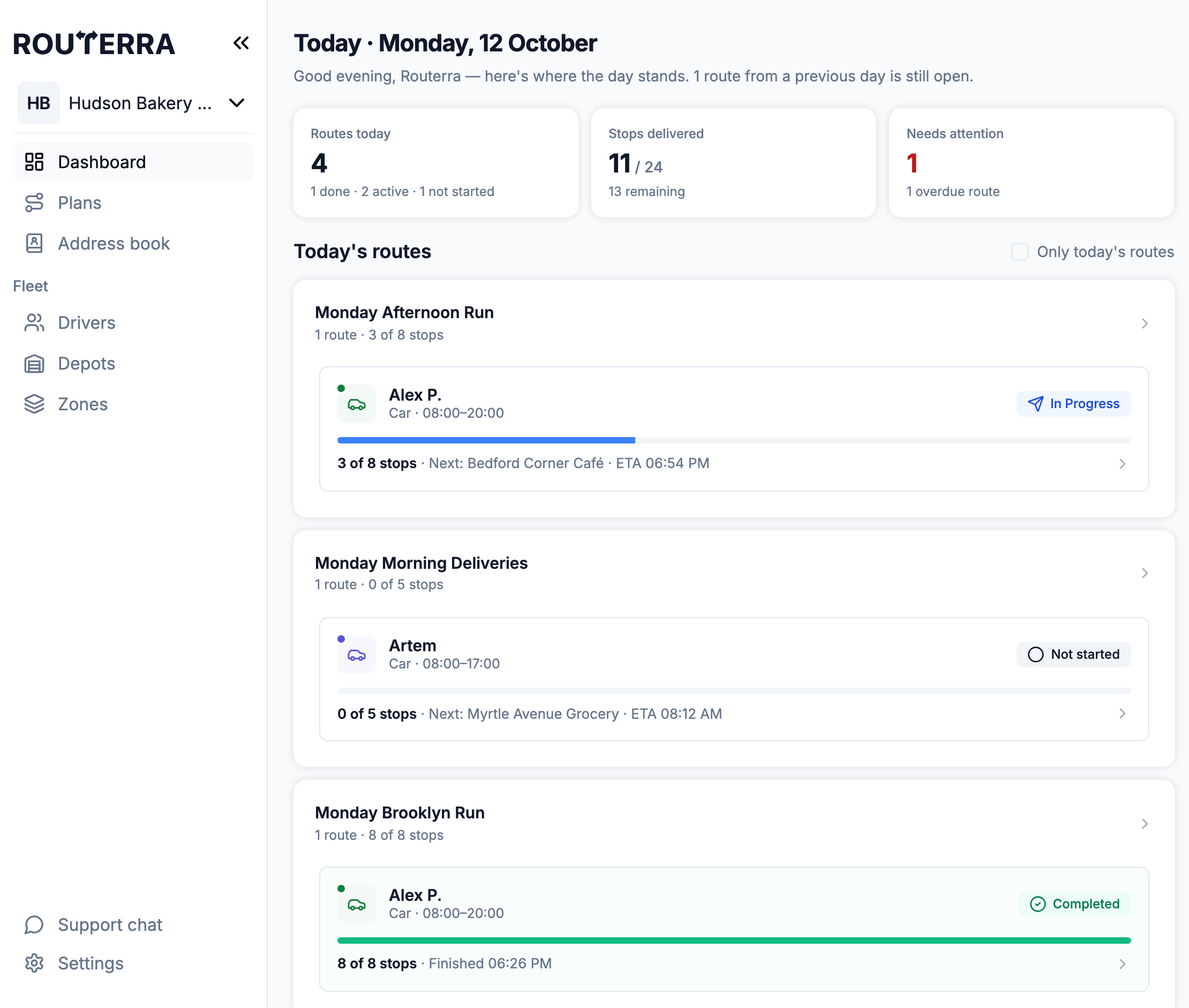 Dashboard mid-day: the three glance cards and today's routes grouped by plan