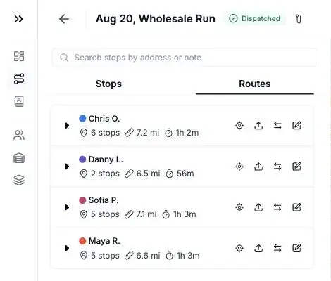 Routerra Teams dispatcher view: an 18-stop wholesale round split into four driver routes across Brooklyn and Manhattan, with per-driver stop counts, distance and duration