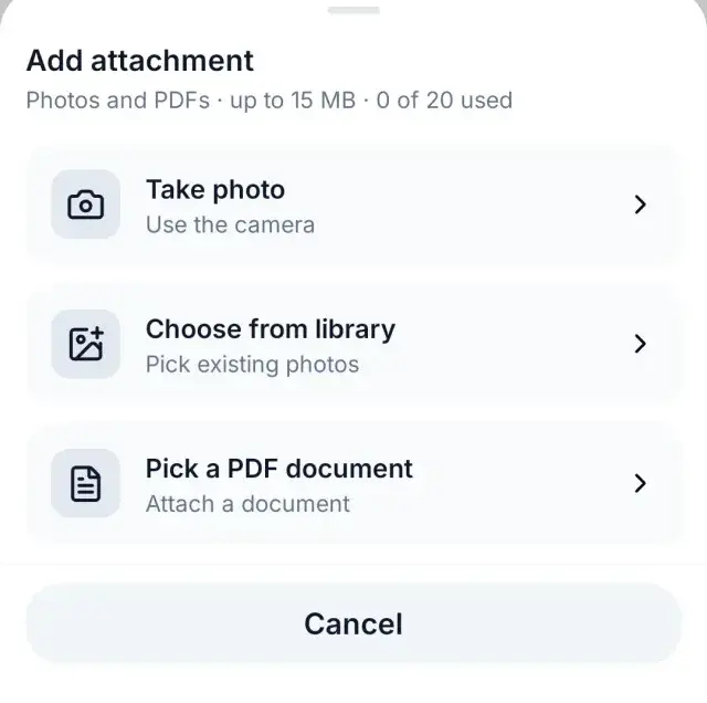 Routerra driver app proof-of-delivery sheet: photos and PDFs up to 15 MB, with options to take a photo, choose from the library, or attach a PDF document to the stop