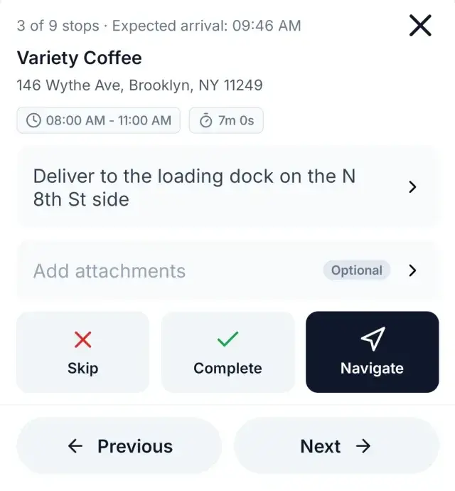 Routerra driver app stop sheet: Variety Coffee, 146 Wythe Ave, an 08:00–11:00 AM delivery window, a 7-minute service time, a loading-dock note, an attachments row, and Skip, Complete and Navigate actions