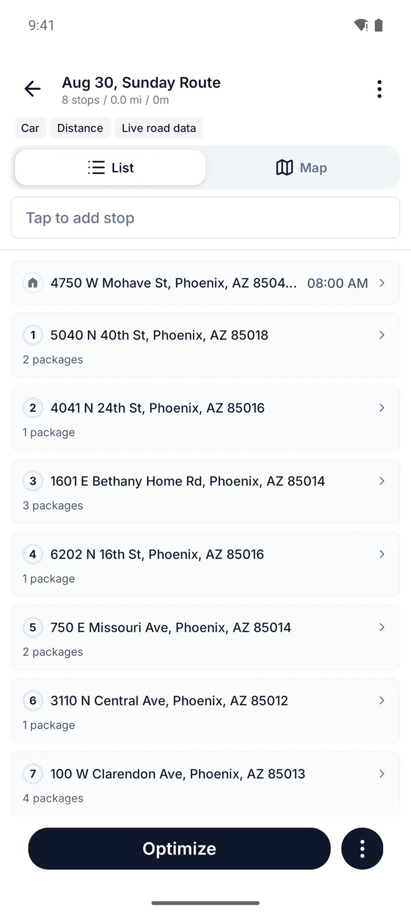 Routerra's stop list right after importing a screenshot of a block itinerary: eight Phoenix stops parsed in the itinerary's own order, each keeping its package count as a note, with the station set as the 8:00 AM start