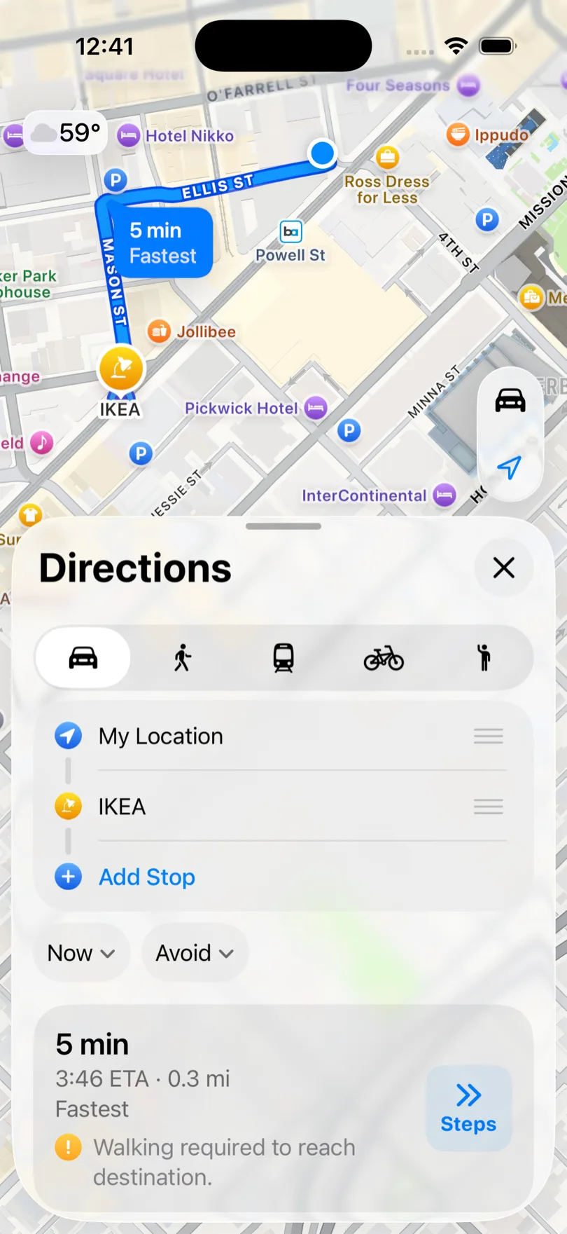 Apple Maps driving directions on iPhone with the Add Stop row beneath the destination