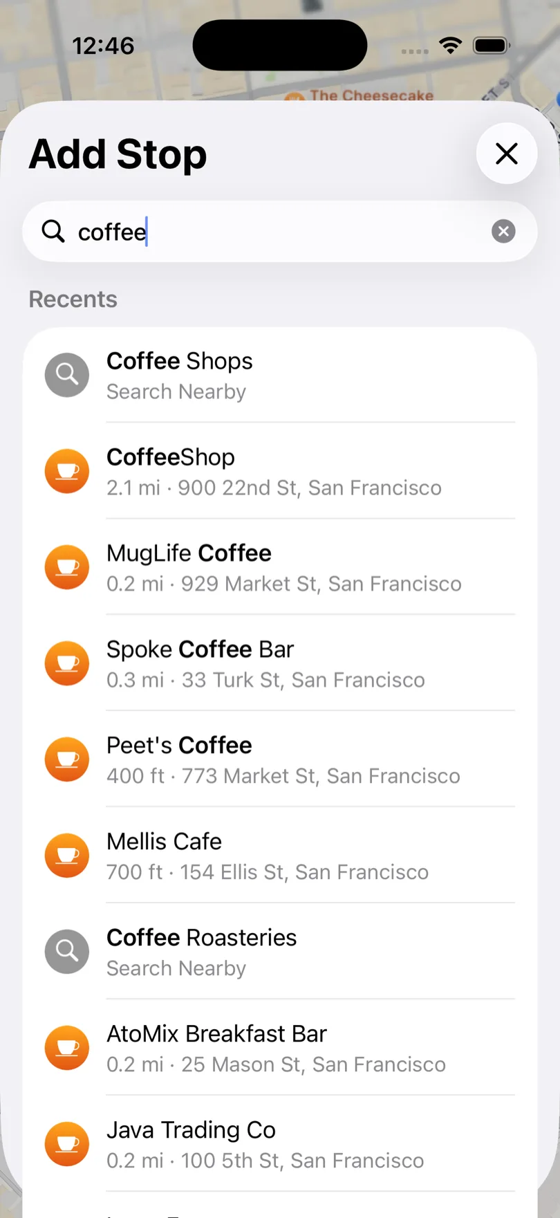 The Apple Maps Add Stop screen on iPhone with a search field and recent locations