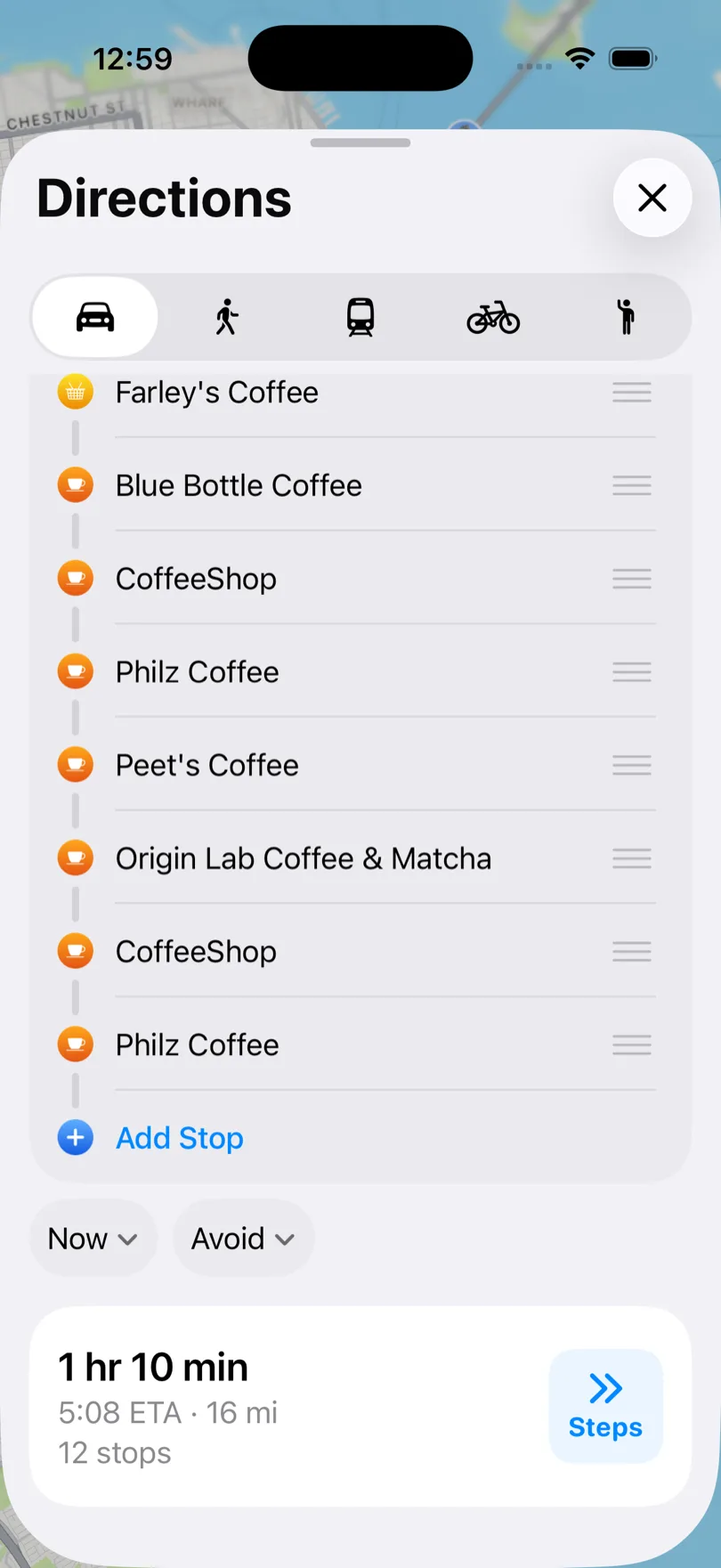 Apple Maps driving route on iPhone with 12 stops listed, each with a drag handle, and an Add Stop row at the bottom