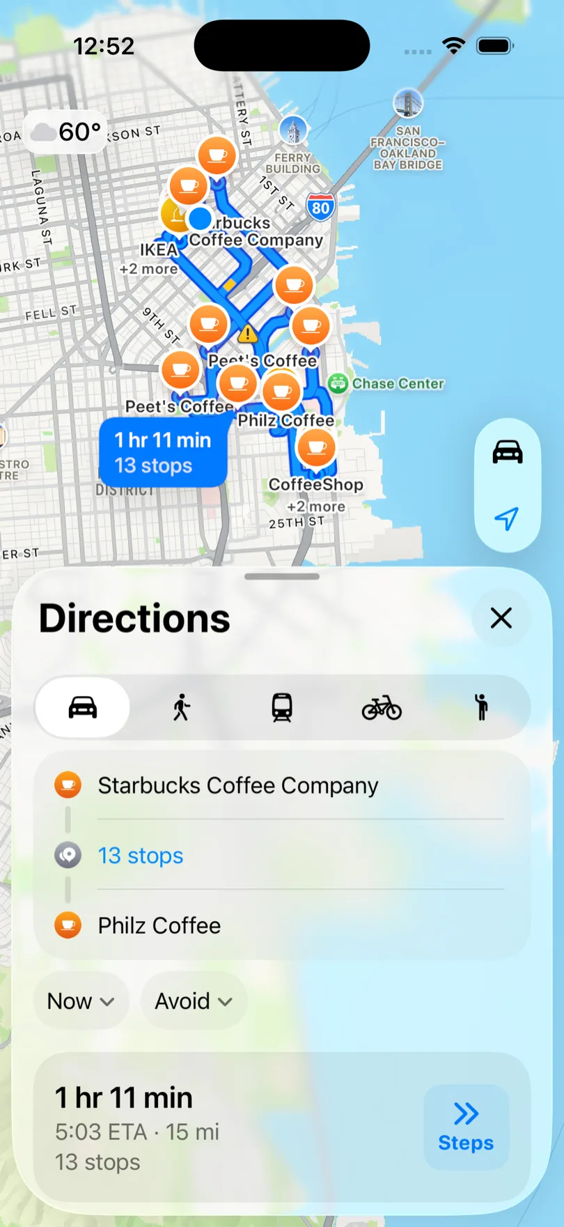 Apple Maps route on iPhone collapsed to a 13 stops summary row with no Add Stop control available