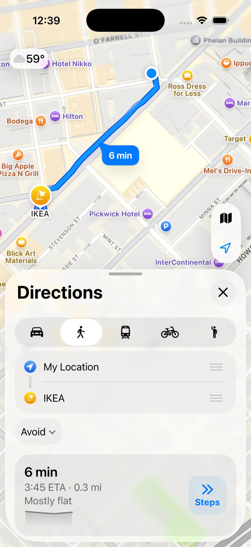 Apple Maps walking directions on iPhone showing only a start and destination with no Add Stop option