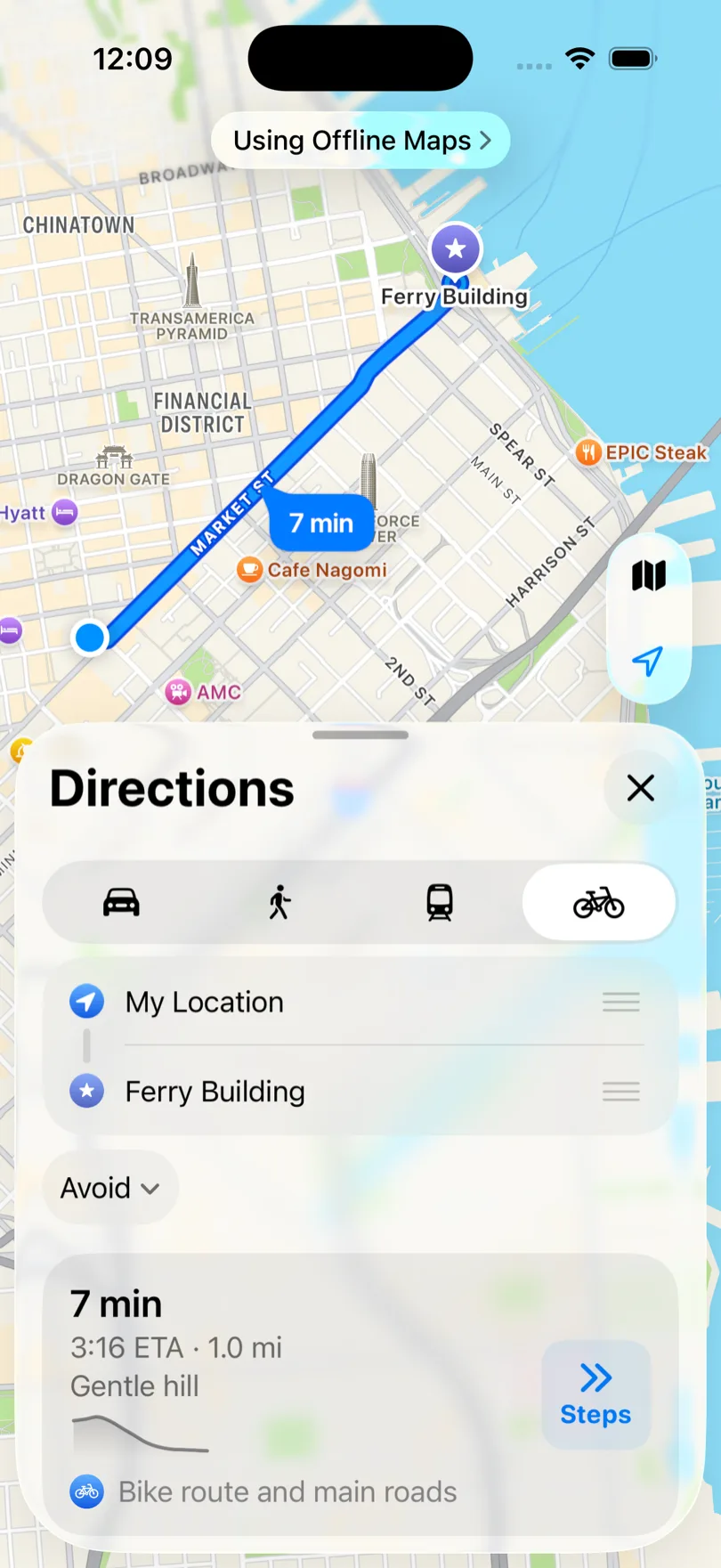 Indicaciones en bici sin conexión en Apple Maps con 7 minutos y perfil de desnivel