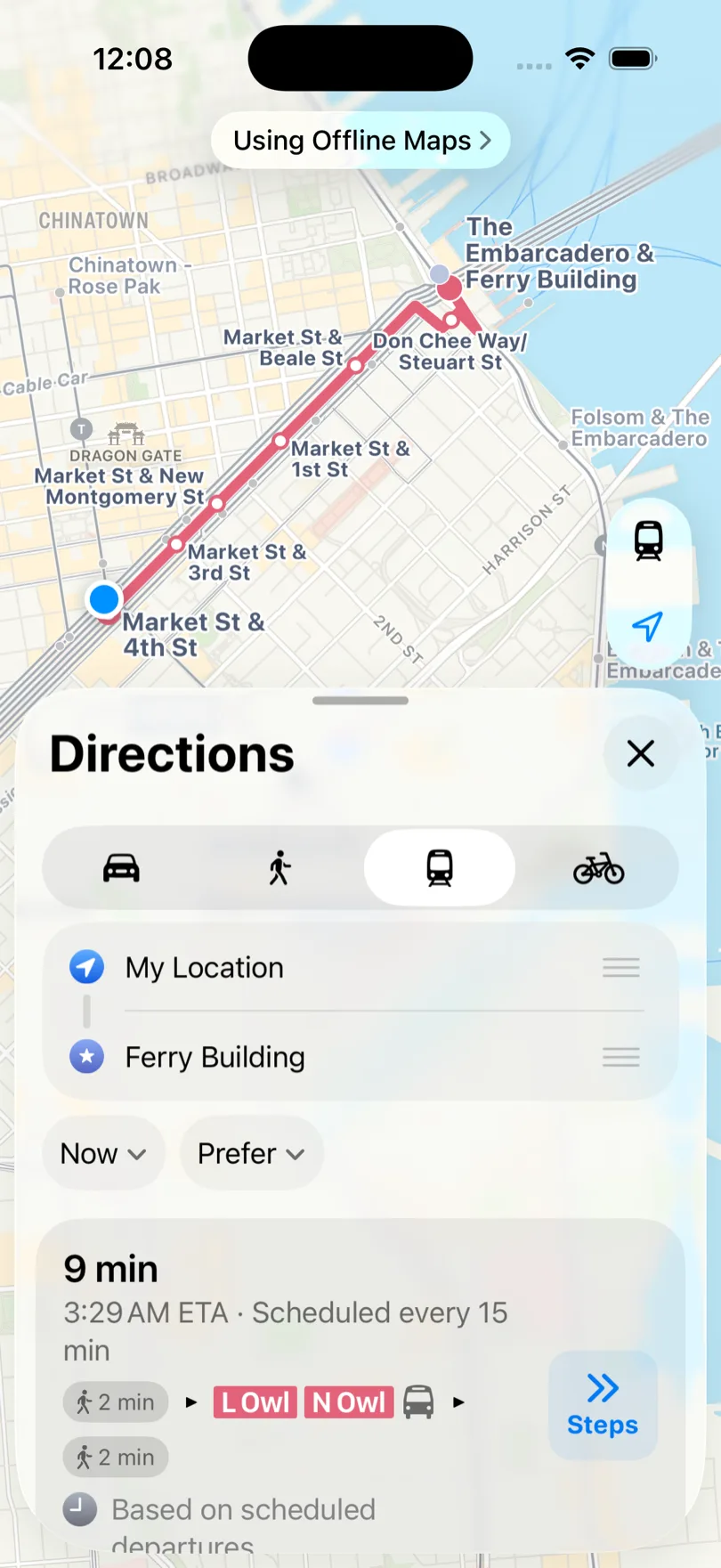 Indicaciones de transporte público sin conexión en Apple Maps con un trayecto de 9 minutos y horarios programados