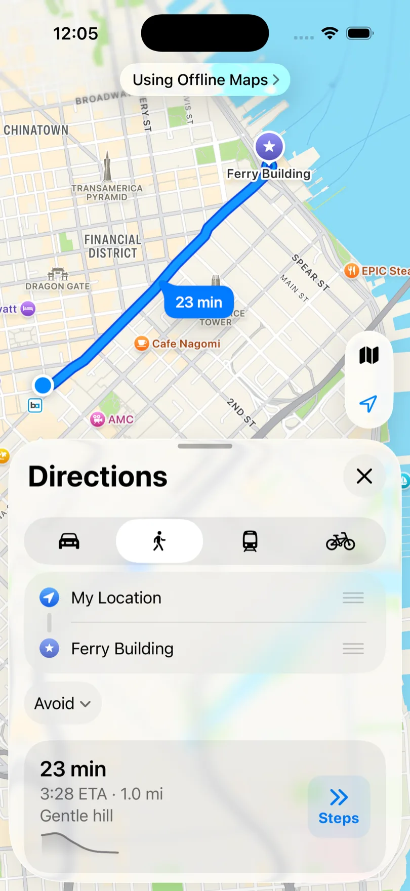 Indicaciones a pie sin conexión en Apple Maps con 23 minutos y perfil de desnivel