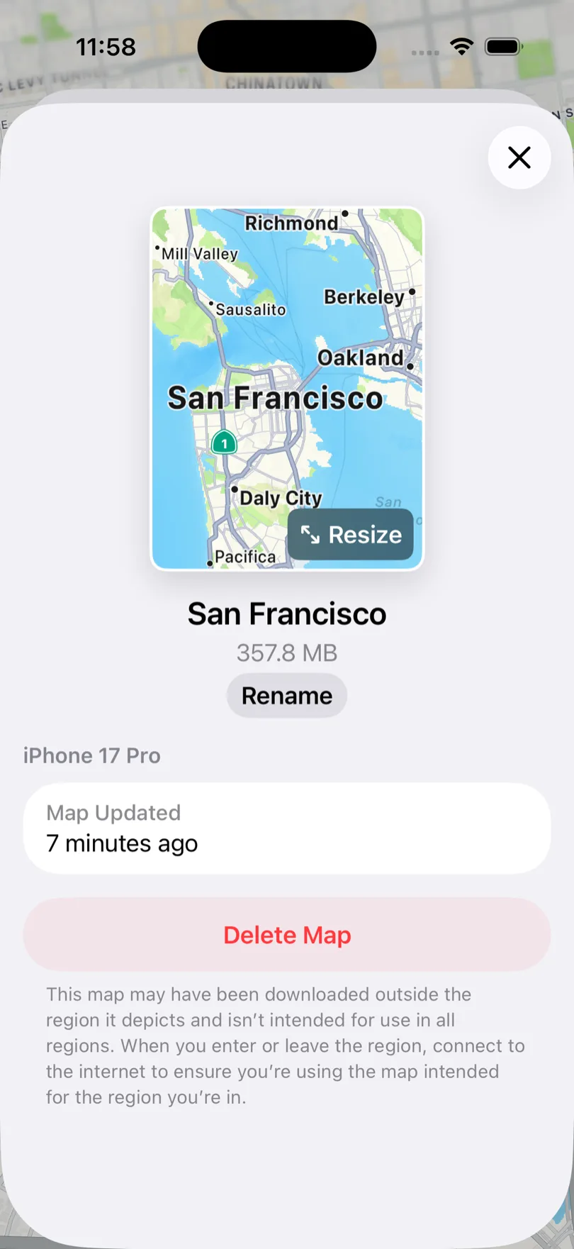 Detalle del mapa guardado de San Francisco en Apple Maps con 357,8 MB, Redimensionar, Renombrar, Mapa actualizado y Eliminar mapa, sin fecha de caducidad