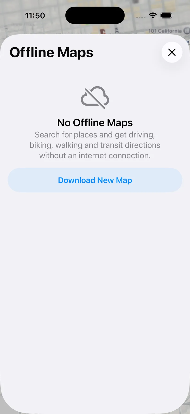 Pantalla de Mapas sin conexión de Apple Maps en el iPhone con el estado vacío y el botón Descargar mapa nuevo