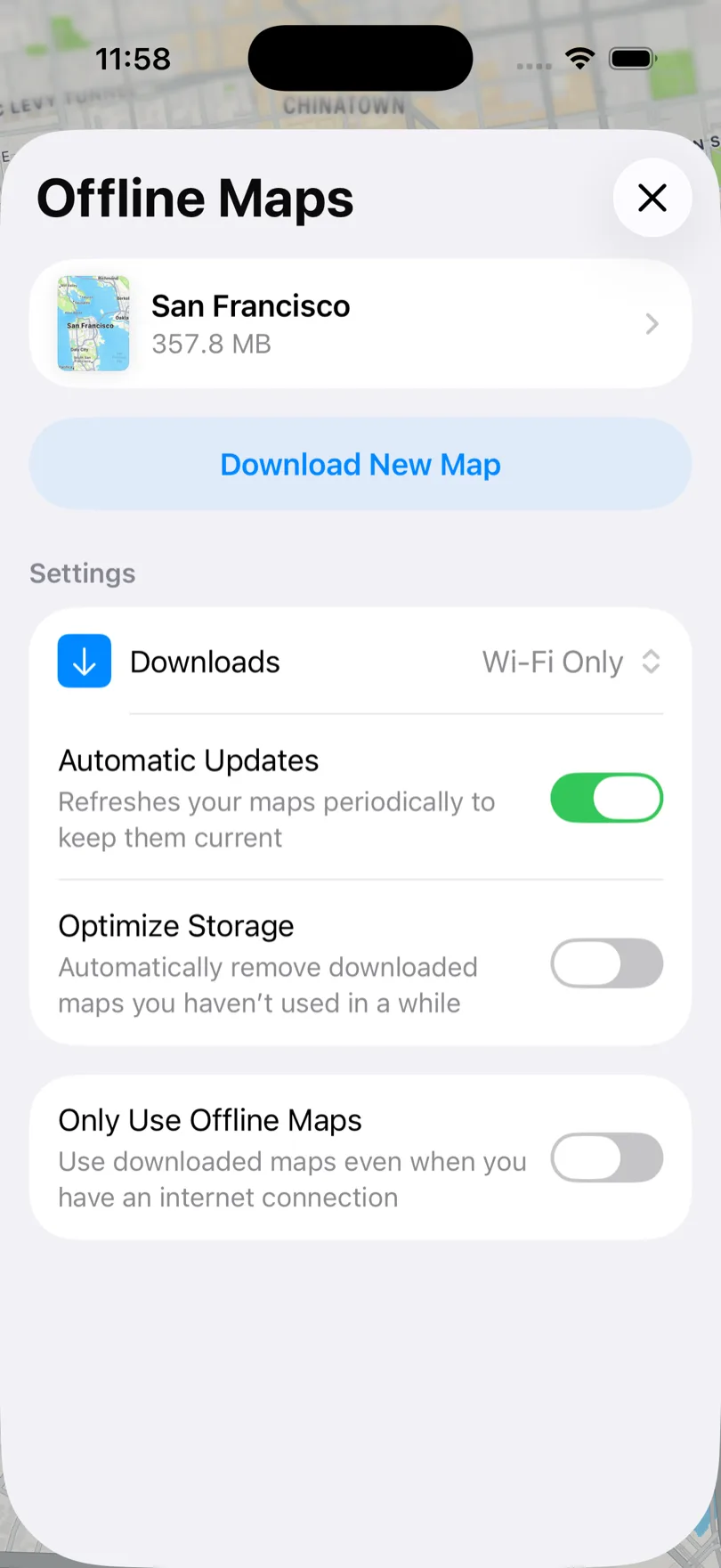 Ajustes de mapas sin conexión de Apple Maps: descargas solo por Wi-Fi, actualizaciones automáticas activadas, optimizar almacenamiento desactivado y solo usar mapas sin conexión desactivado