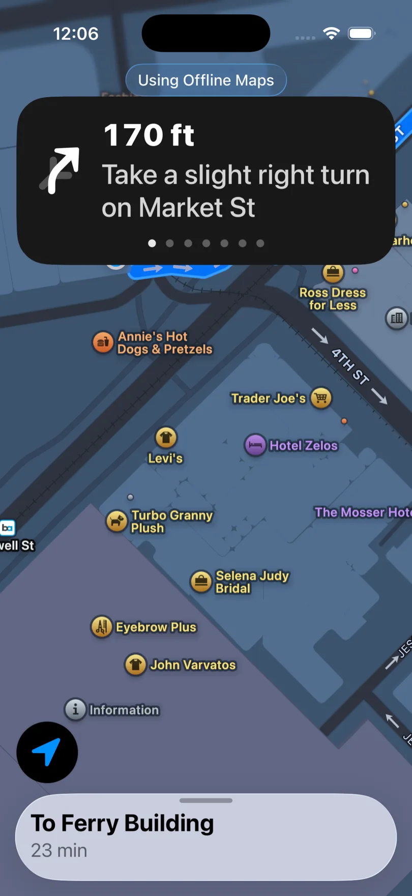 Guía paso a paso de Apple Maps funcionando sin conexión, mostrando una indicación de giro a la derecha en Market St