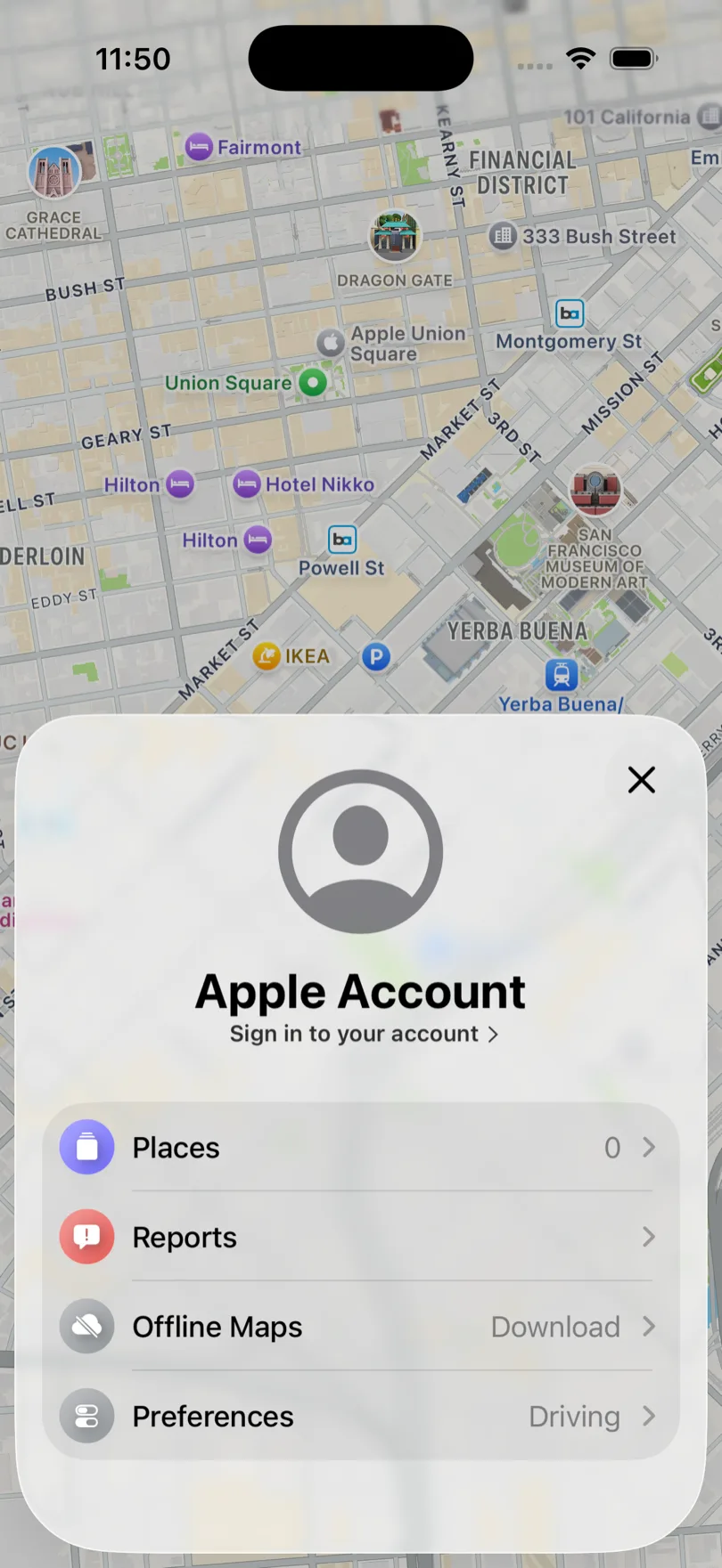 Menú de perfil de Apple Maps en el iPhone con la fila Mapas sin conexión