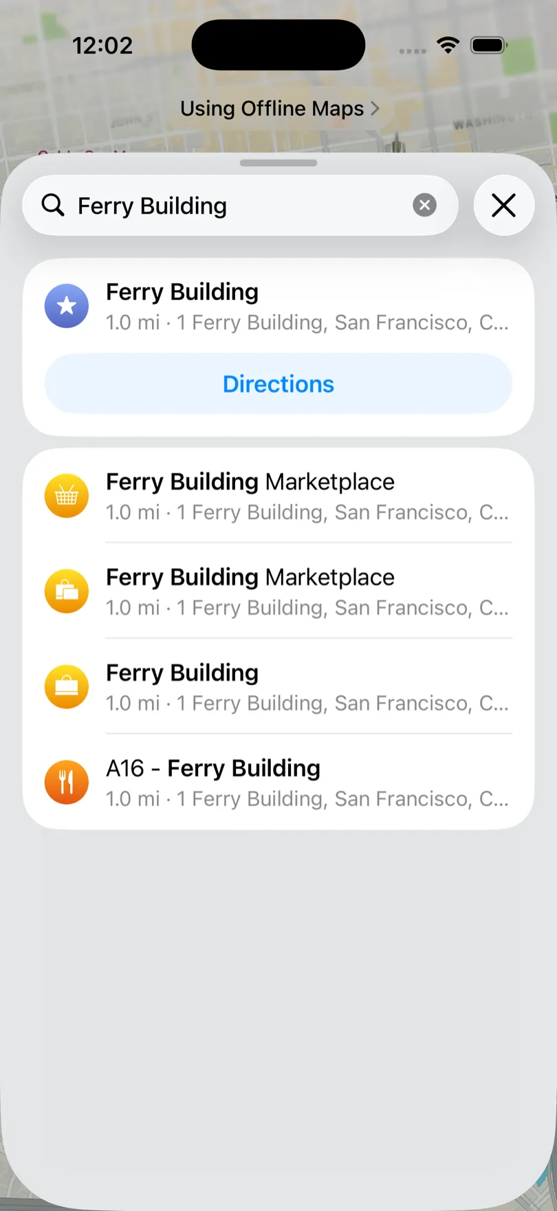 Resultados de búsqueda sin conexión en Apple Maps para Ferry Building con el edificio, el mercado y un restaurante dentro