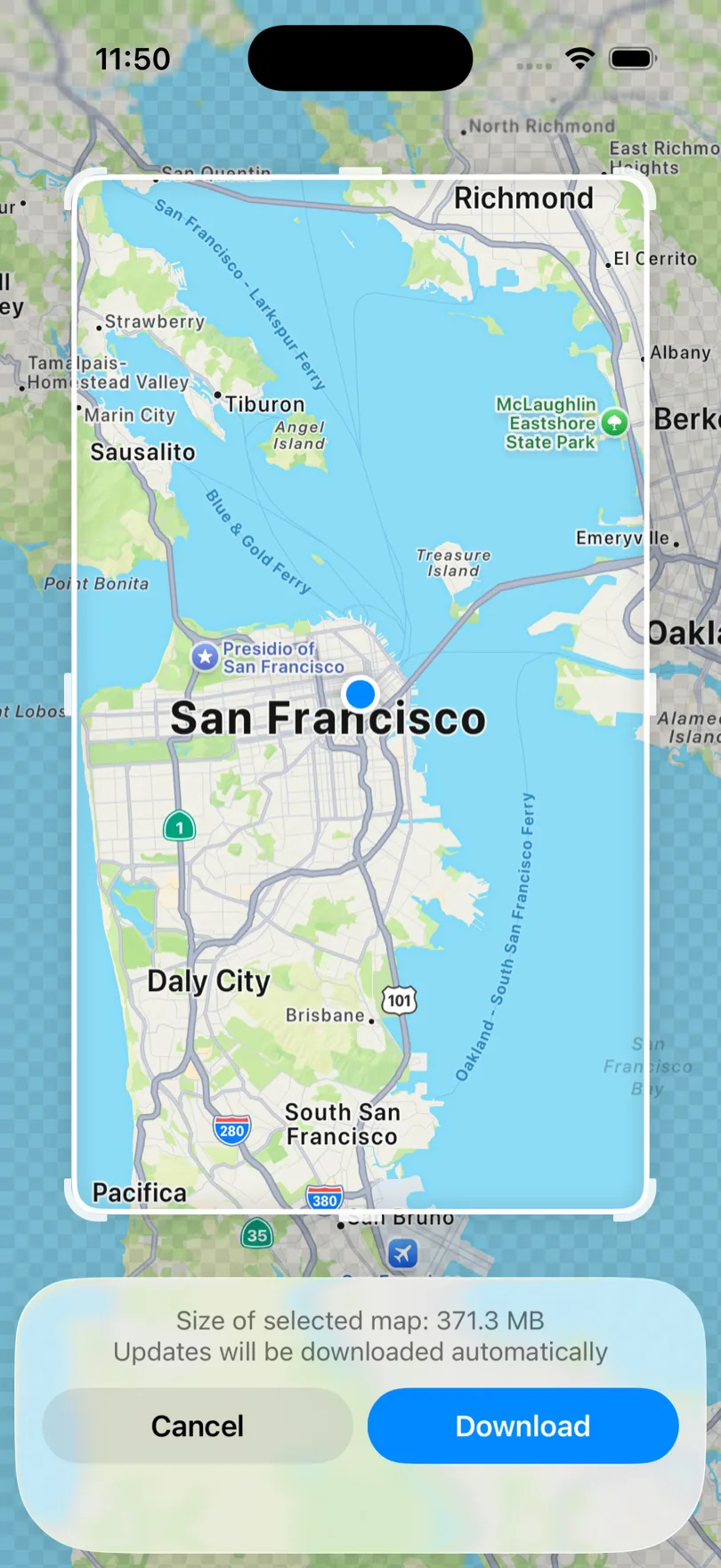 Selección de área en Apple Maps sobre San Francisco con un tamaño de 371,3 MB y el aviso de actualización automática