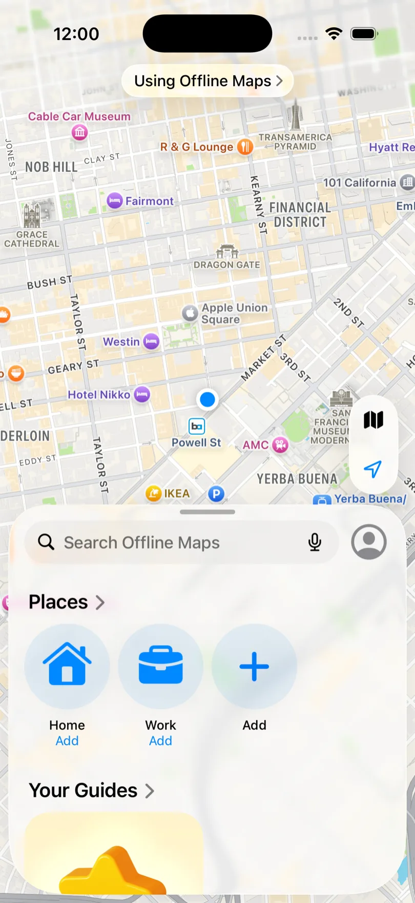 Apple Maps mostrando la etiqueta Usando mapas sin conexión sobre el mapa y el campo Buscar en mapas sin conexión