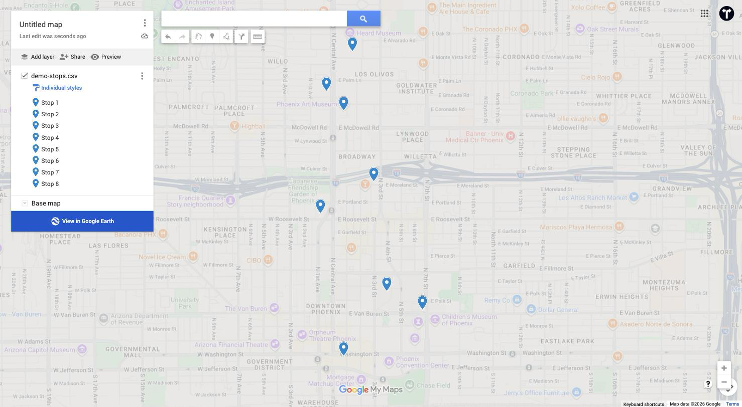 Ocho paradas importadas como pines en un mapa de My Maps del centro de Phoenix, listadas en el panel izquierdo