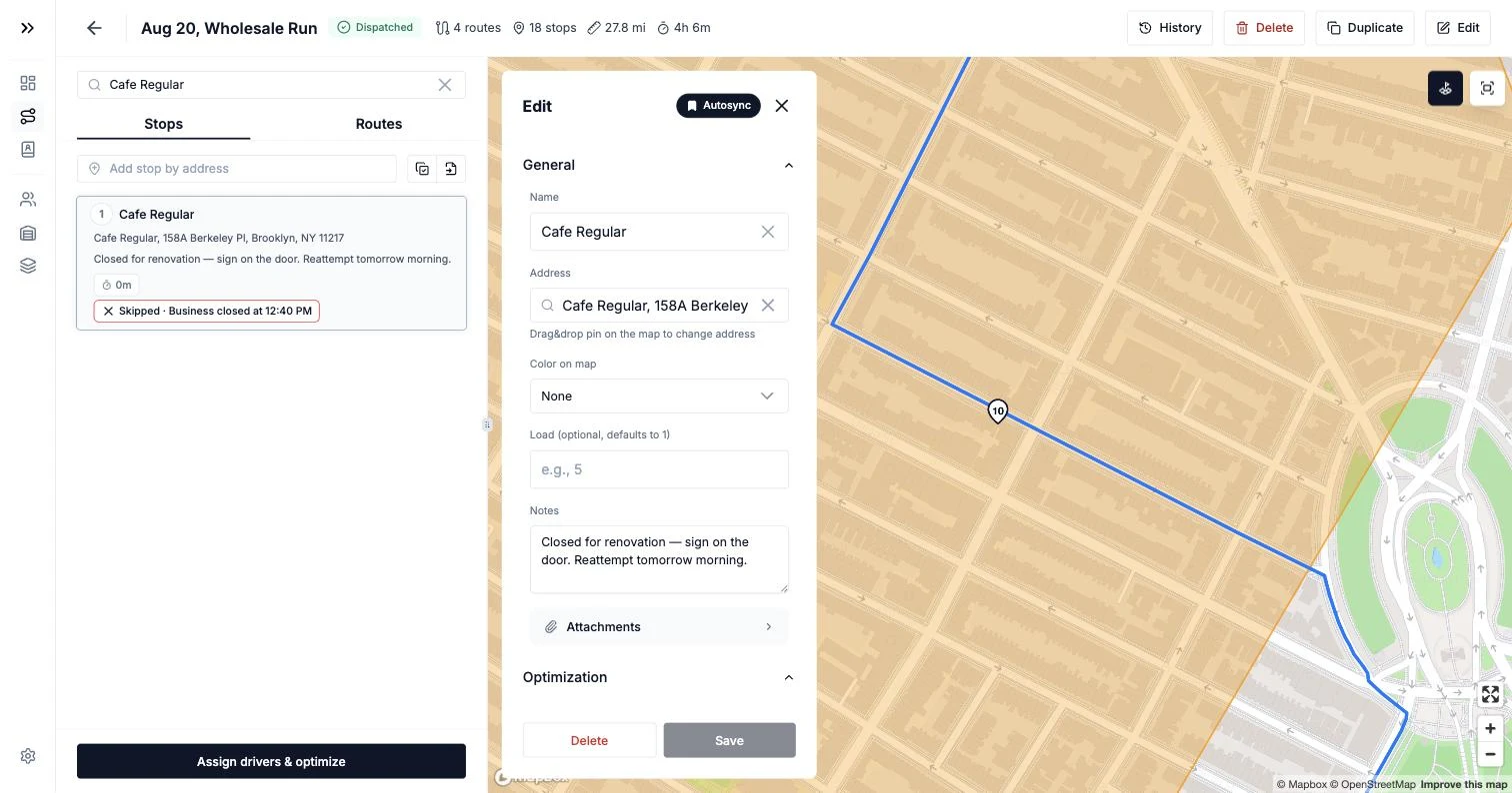 A not-delivered stop expanded to show its structured failure reason, business closed, with a timestamp