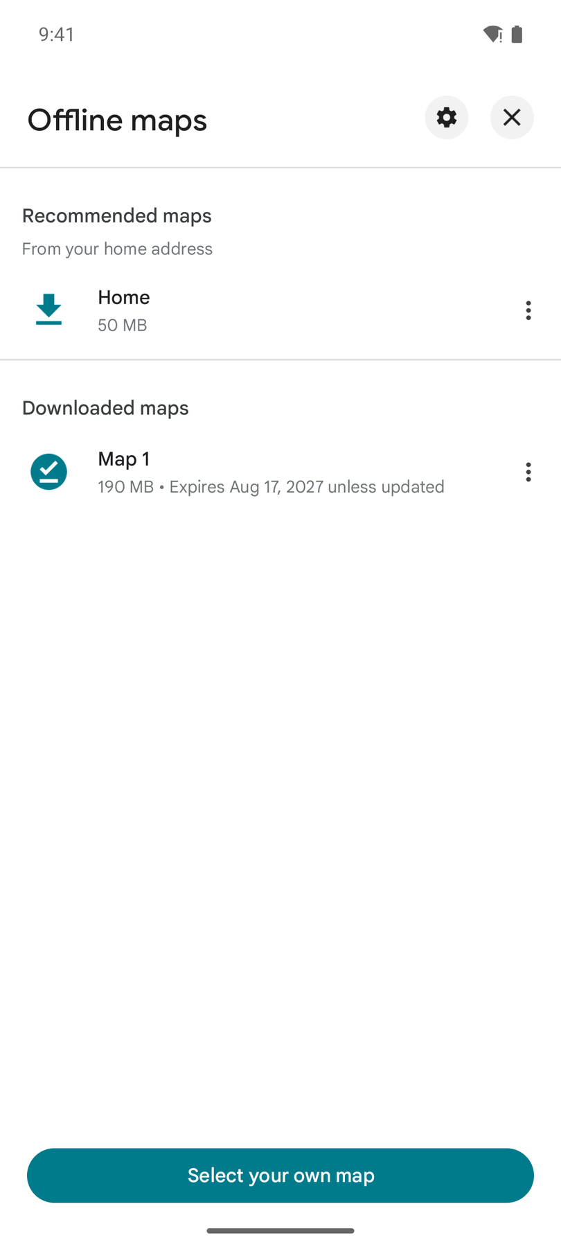 Lista de mapas sin conexión de Google Maps mostrando un área descargada de 190 MB con su fecha de caducidad a un año