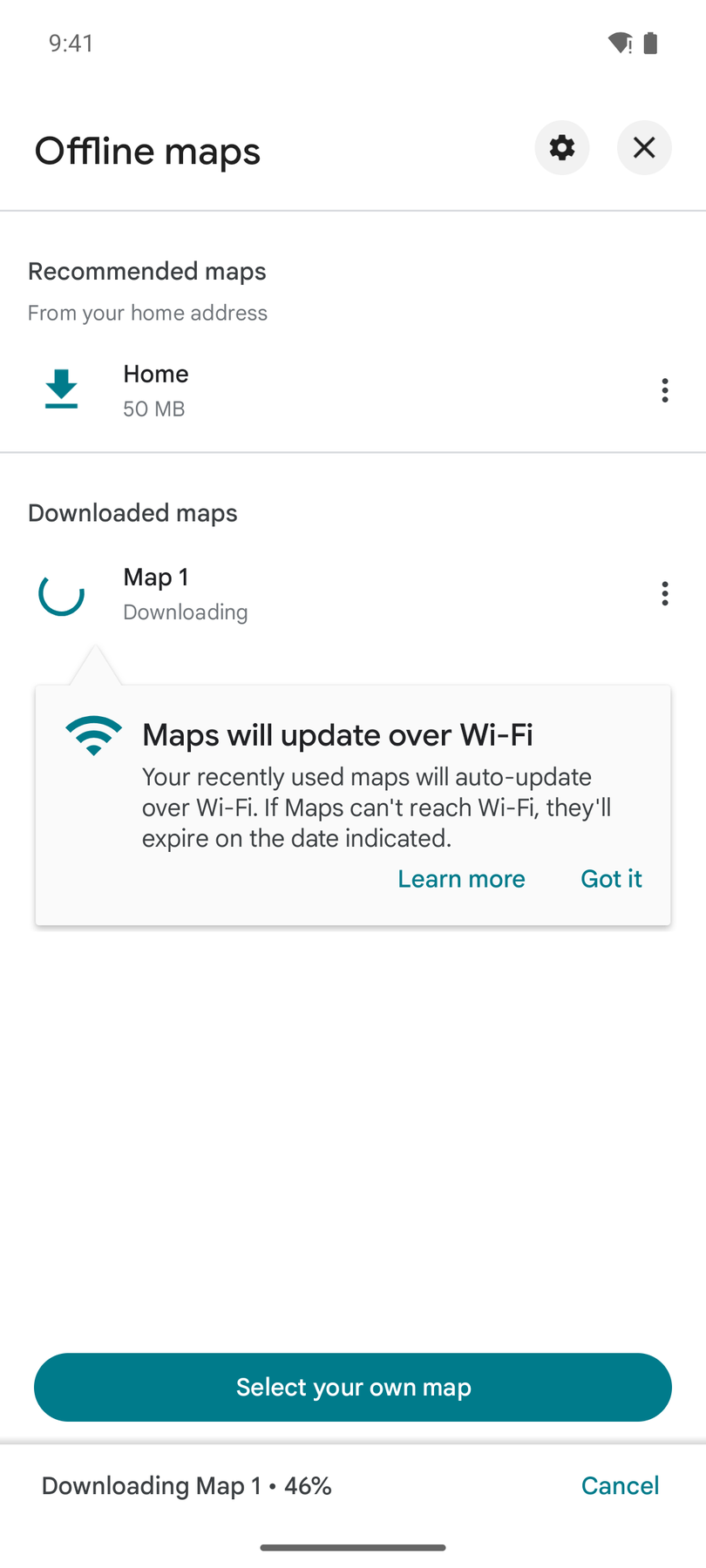 Google Maps descargando un área sin conexión, con el aviso de actualización automática por Wi-Fi