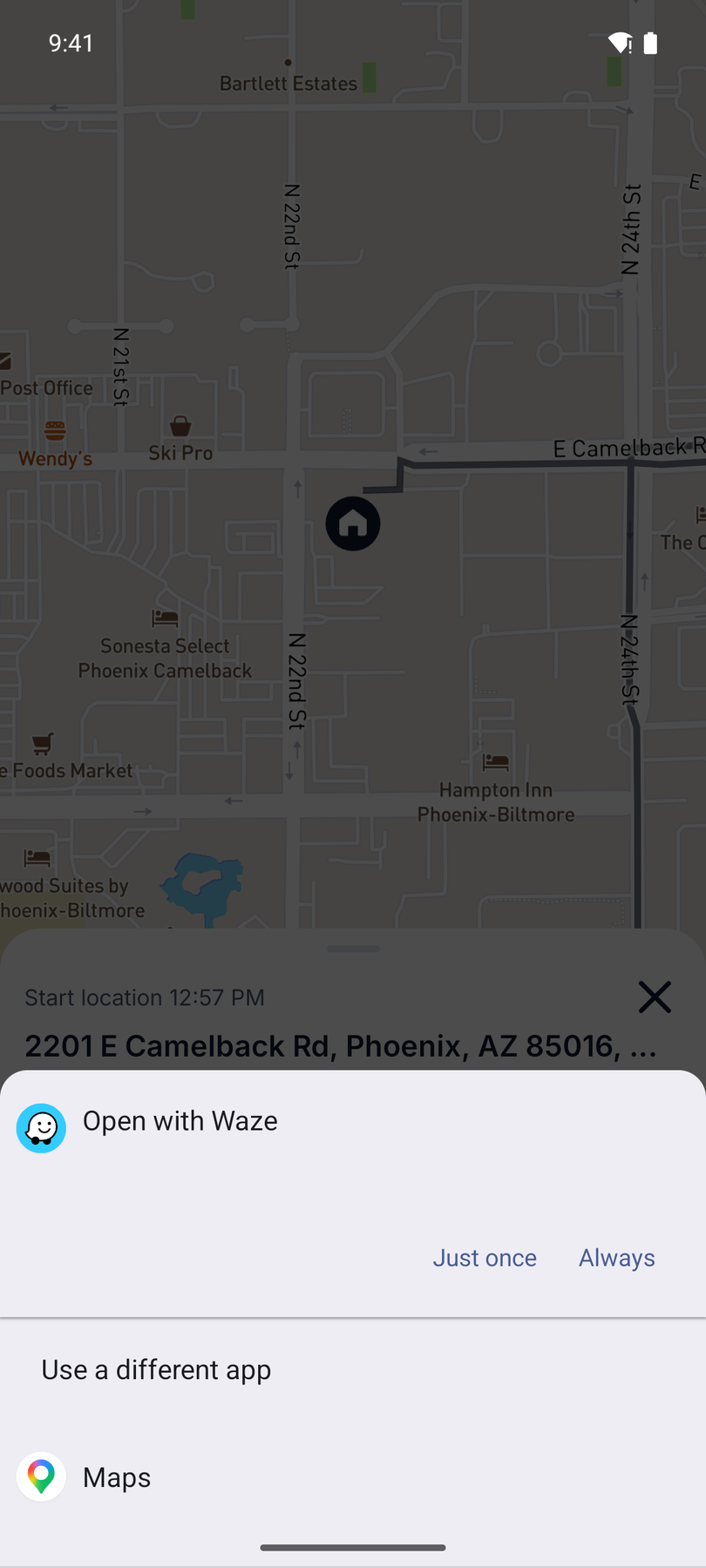 Selector de apps de Android tras pulsar Navegar en Routerra, ofreciendo Waze o Google Maps