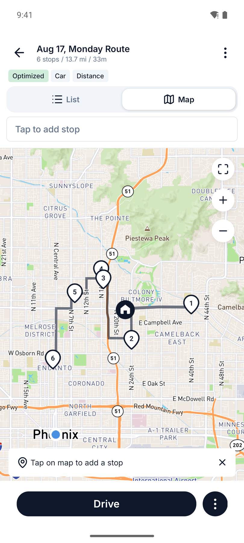 Ruta optimizada de 6 paradas en Routerra con hora estimada por parada, lista para conducir