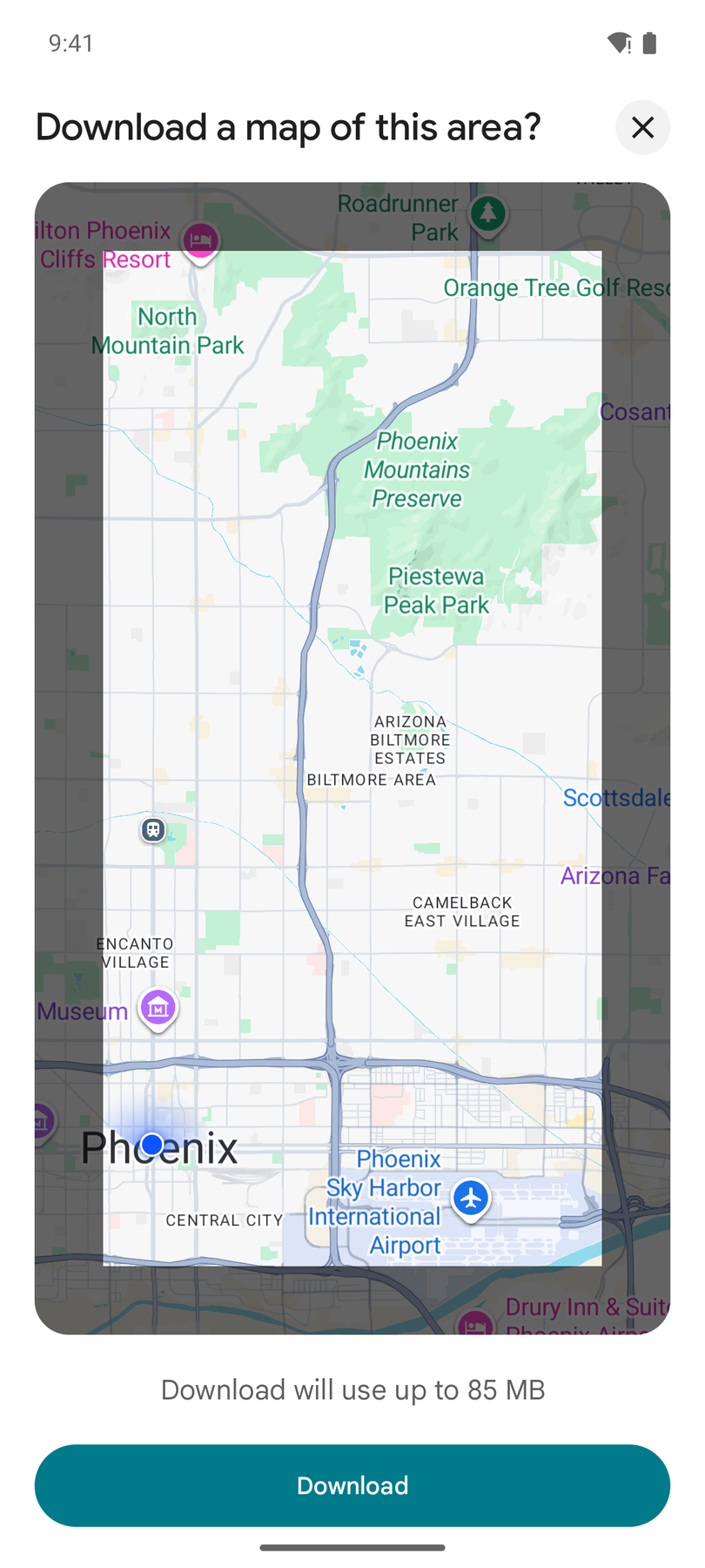 Selección de una zona del centro de Phoenix para descargar Google Maps sin conexión, con el tamaño estimado
