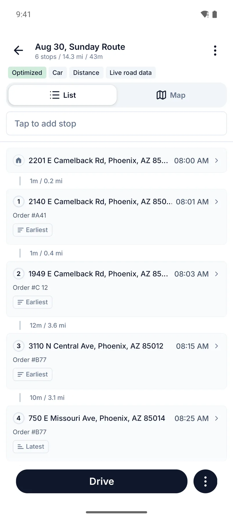 A three-order stack sequenced in Routerra: the three restaurant pickups run first, then the three drop-offs, for 14.3 miles and 43 minutes in total