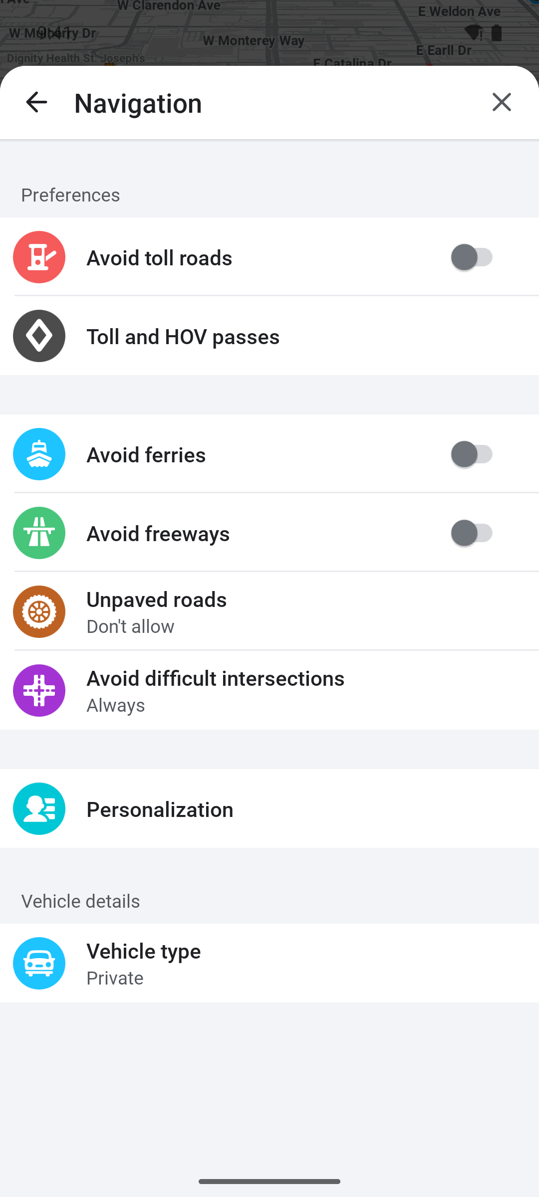 Los ajustes de navegación de Waze con el interruptor Evitar peajes arriba