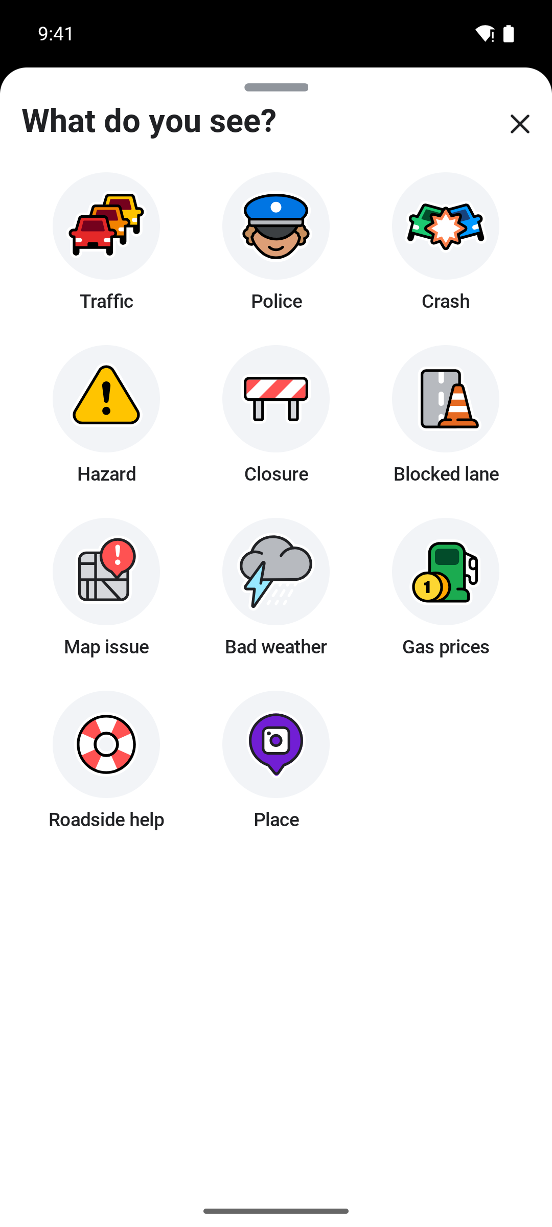 El menú de reportes de Waze desplegado con todos los tipos: tráfico, policía, accidente, peligro y más