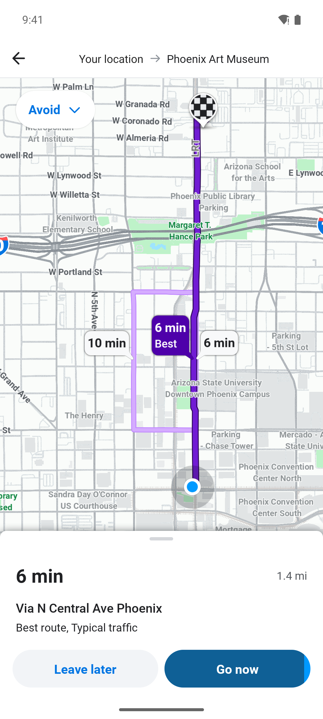 Opciones de ruta de Waze con tres alternativas etiquetadas: 6 min Mejor, 6 min y 10 min