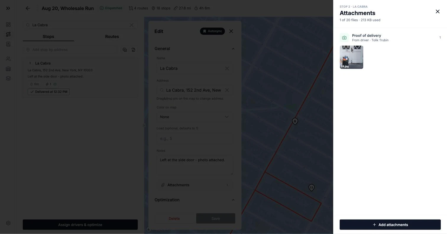 A delivered stop in the Routerra dispatcher app with its proof-of-delivery photo and delivery time