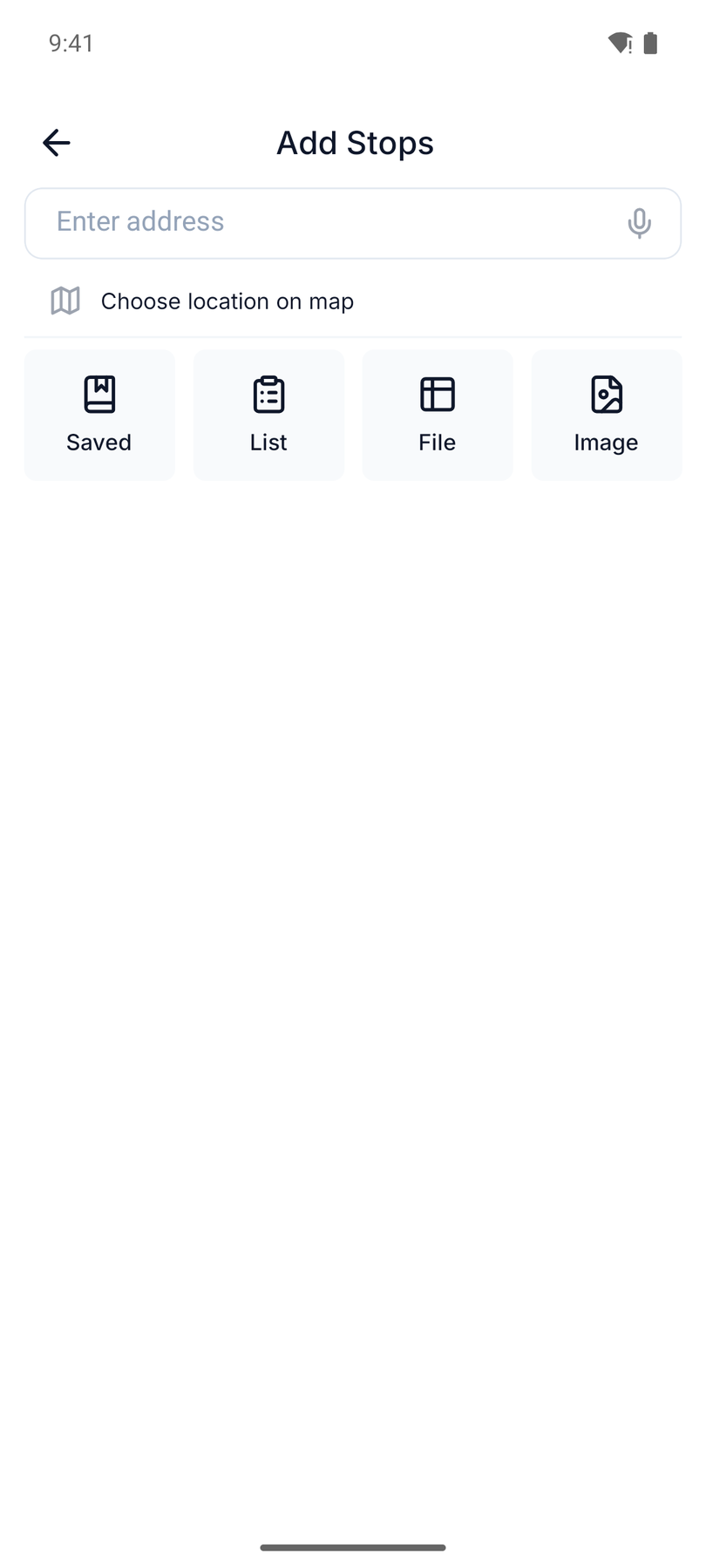 Routerra Add Stops screen with Saved, List, File, and Image import options