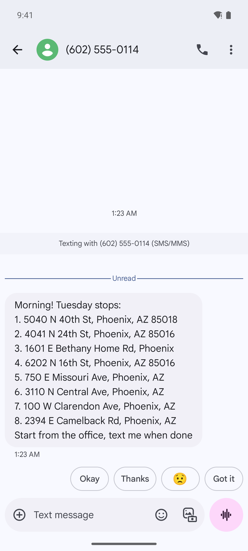 A dispatcher's text message listing eight delivery addresses in Phoenix