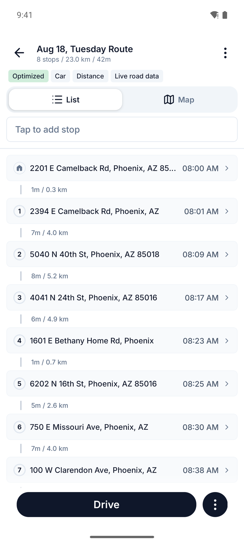 Optimized route list with per-stop ETAs