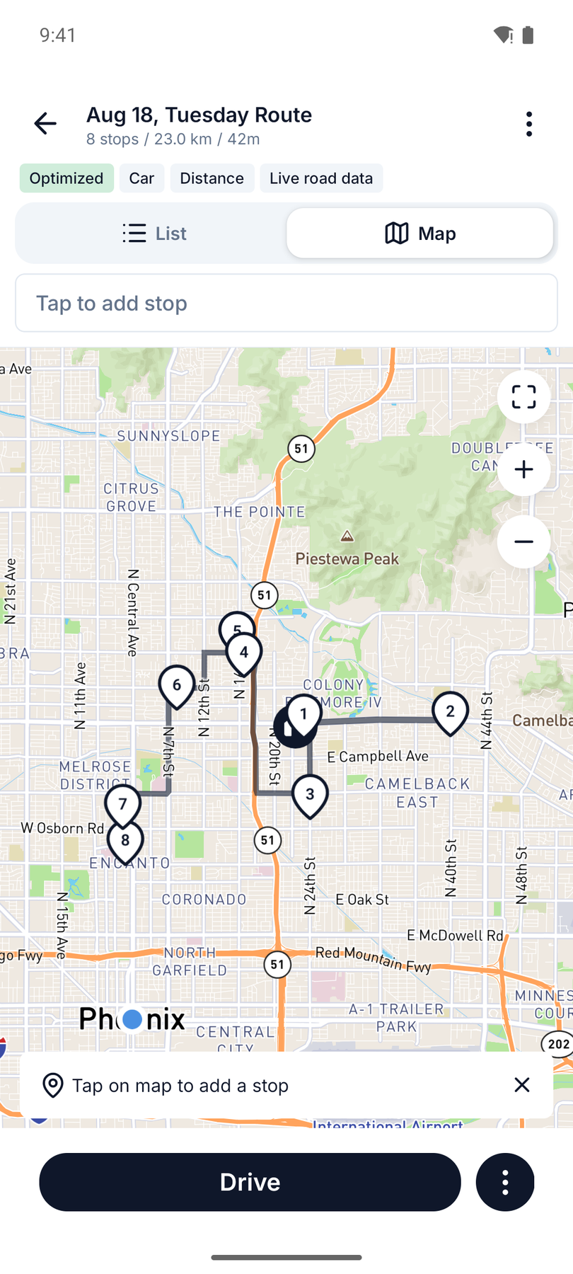 Optimized 8-stop route on the map across Phoenix