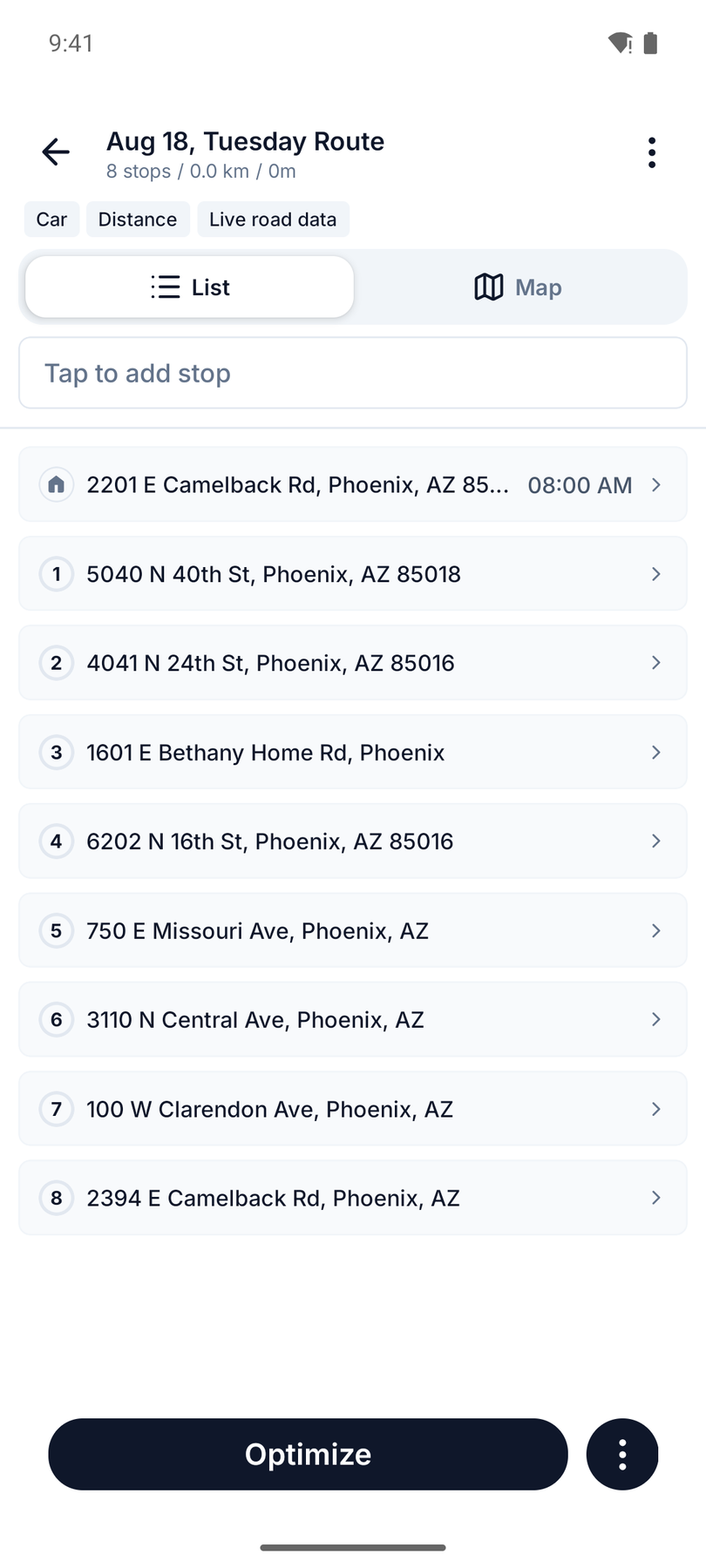 All 8 addresses from the screenshot added as stops in the Routerra route