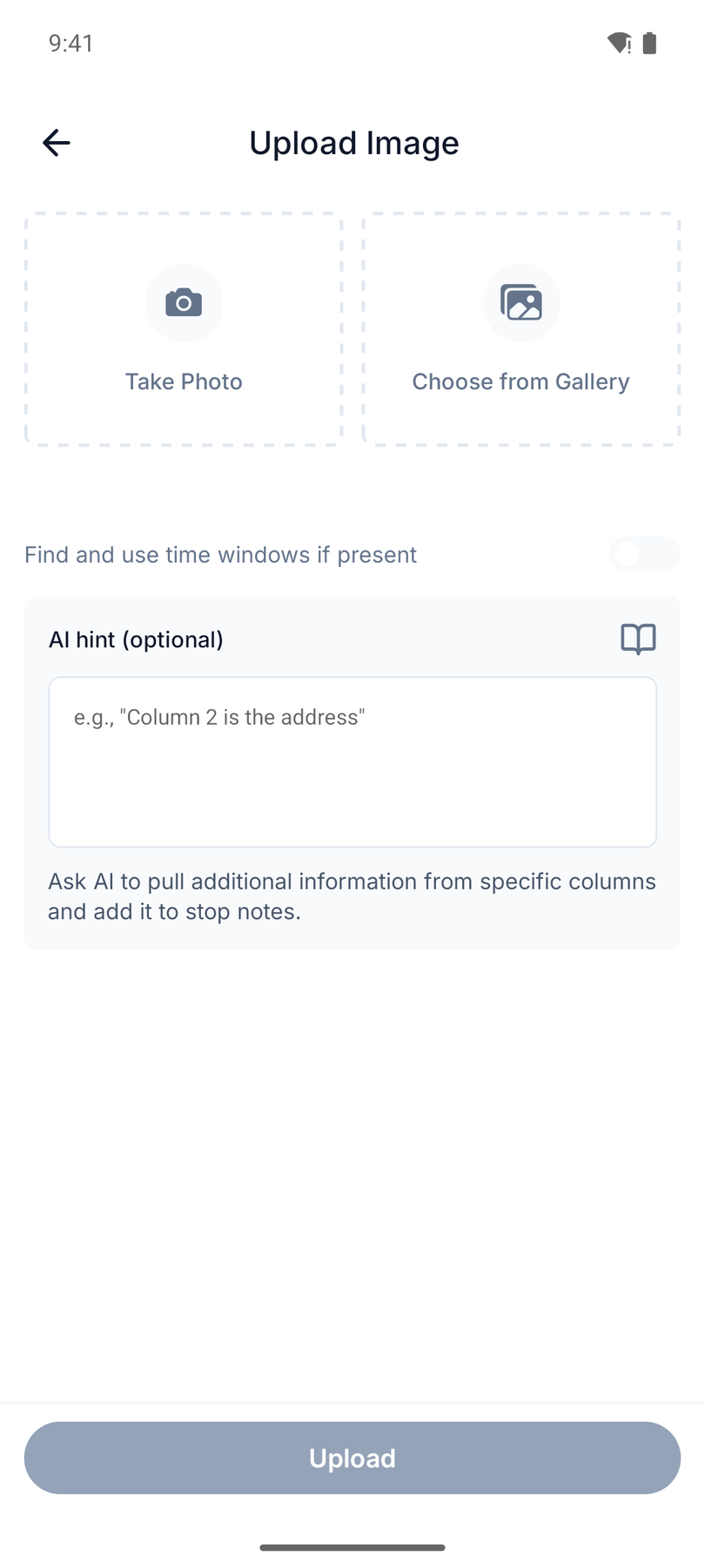 Routerra Upload Image screen with Take Photo and Choose from Gallery options
