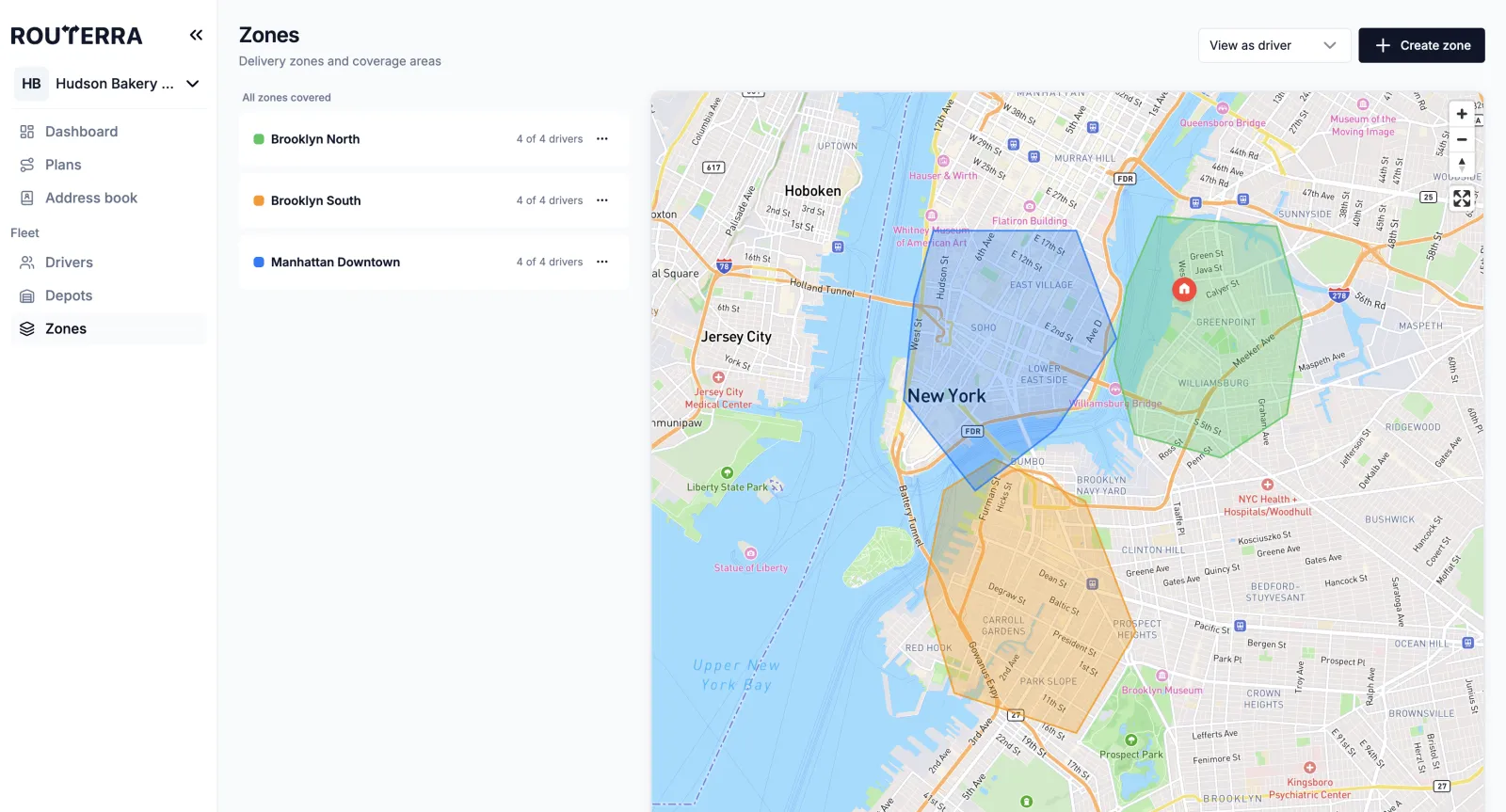 Delivery zone polygons drawn on the map in the dispatcher app