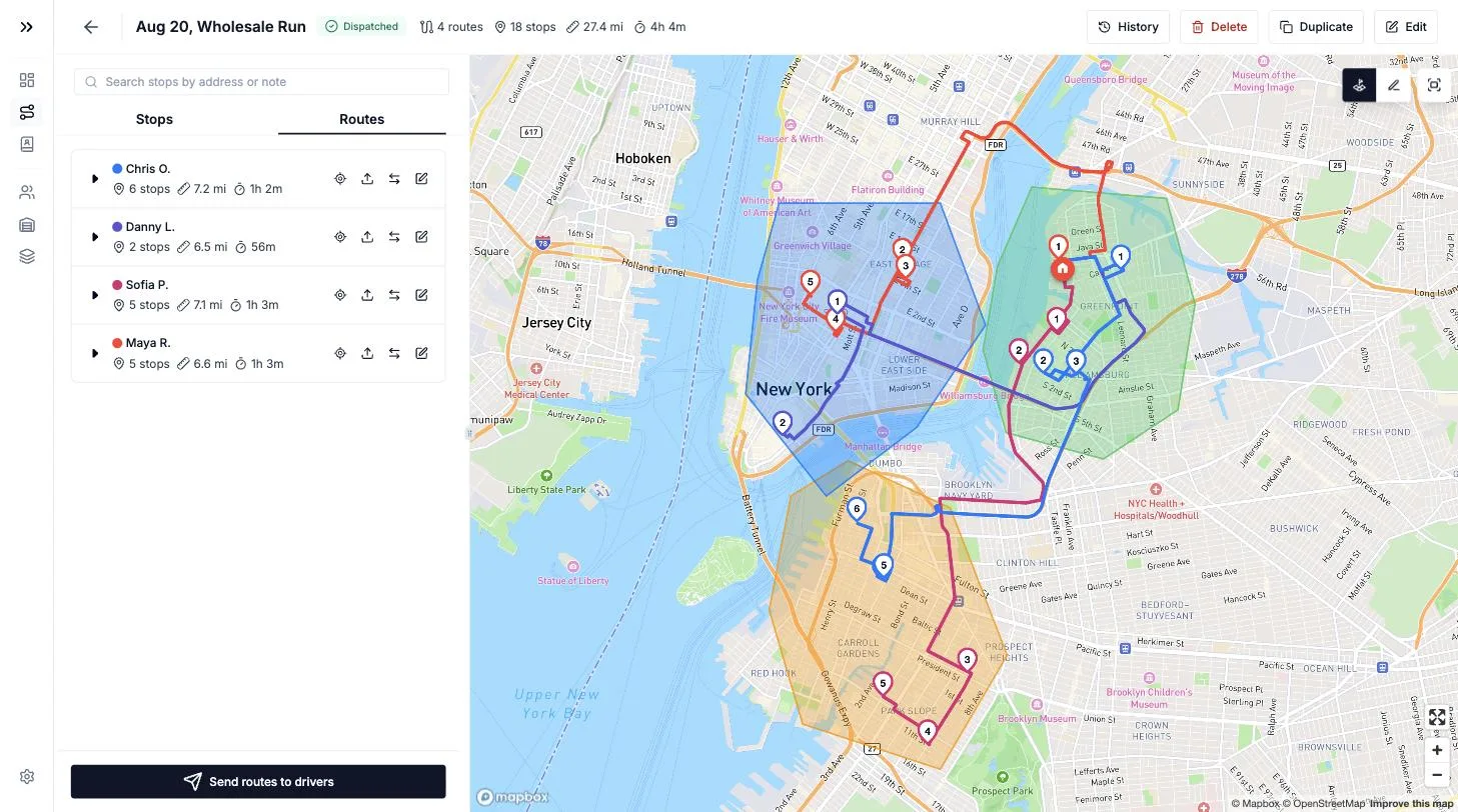 Four optimized routes expanded, each with its own driver, stop count, distance, and drive time