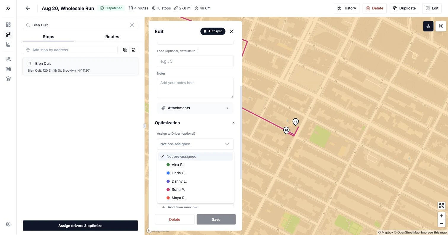 Moving a single stop to another driver from the stop panel in the Routerra plan editor