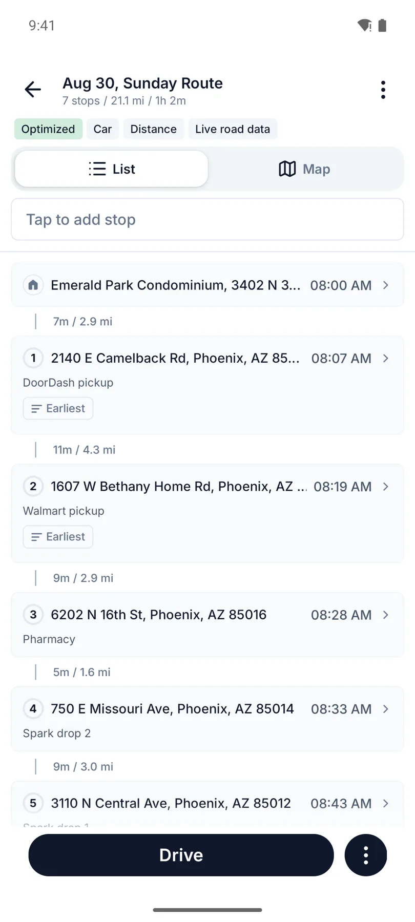 A multi-app day sequenced in Routerra: a Walmart Spark pickup, a DoorDash pickup, two Spark drop-offs, an Instacart drop-off and a pharmacy errand, optimized into 21.1 miles and 1 hour 2 minutes