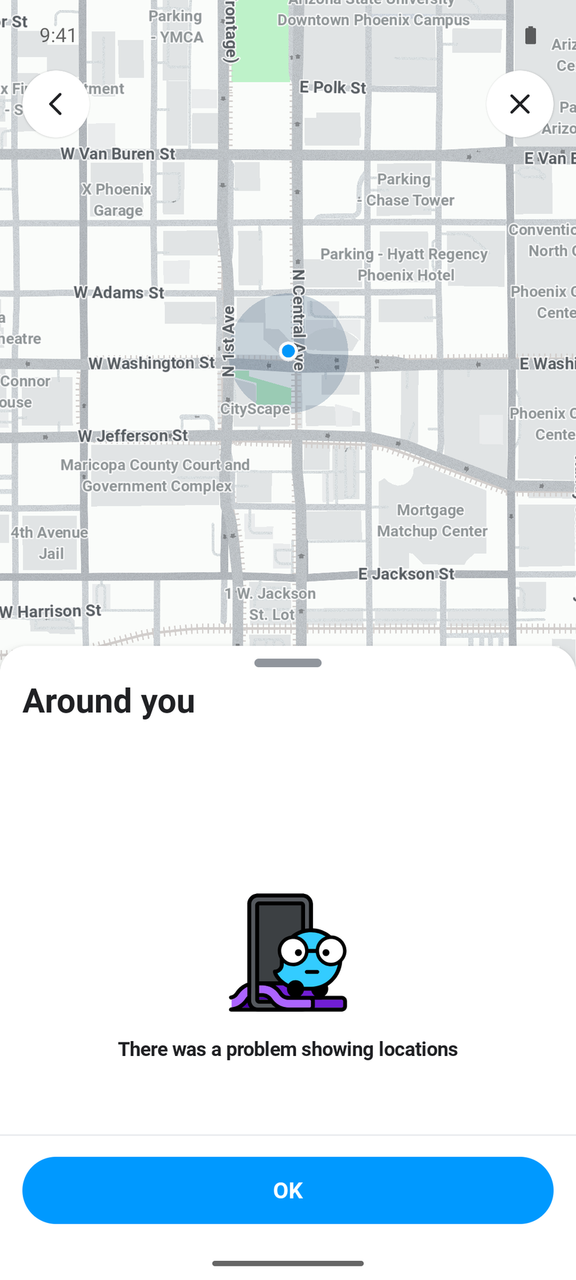 Waze error screen: There was a problem showing locations